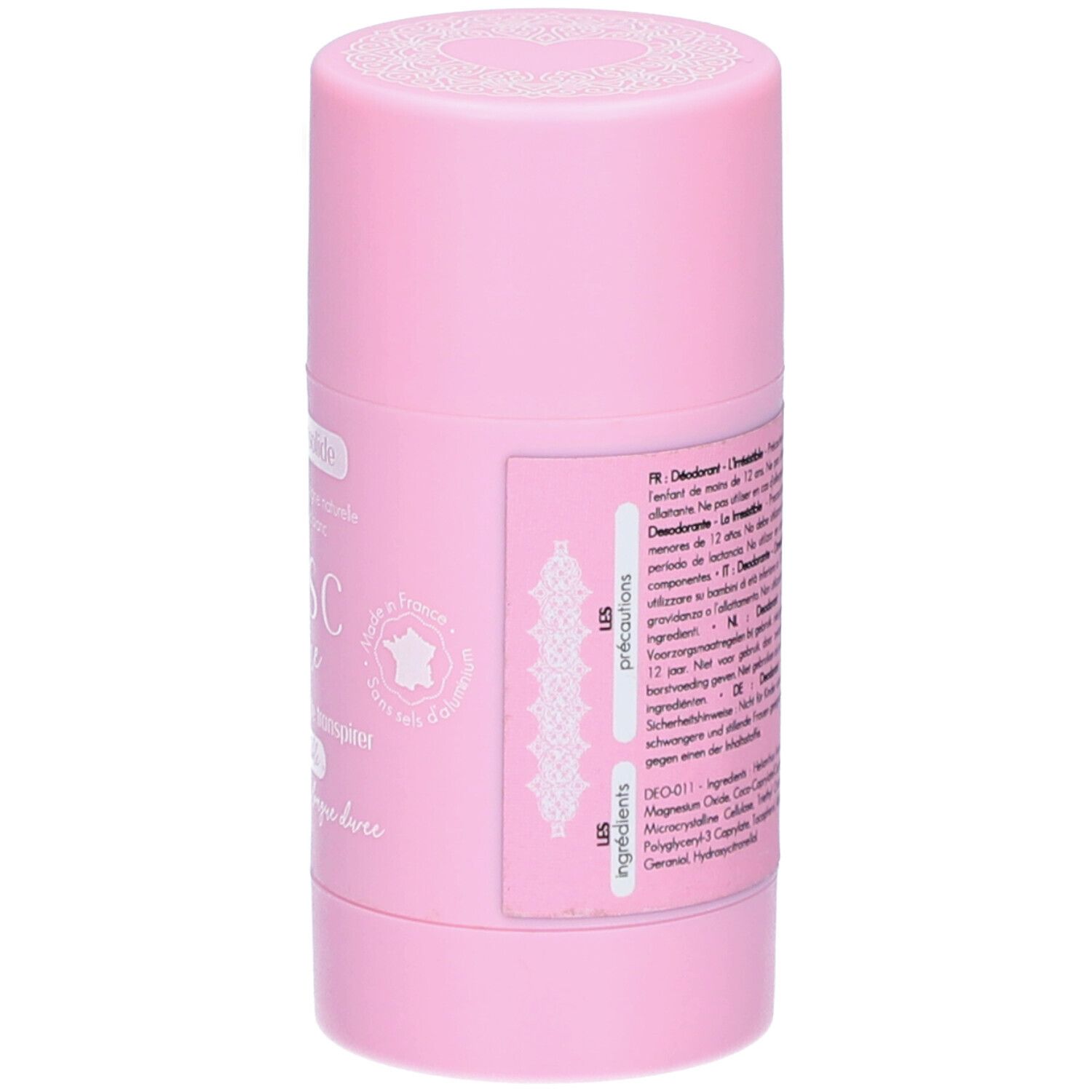 Roze deodorantstick. Achterkant met tekst en ingrediënten. Franse vlag.