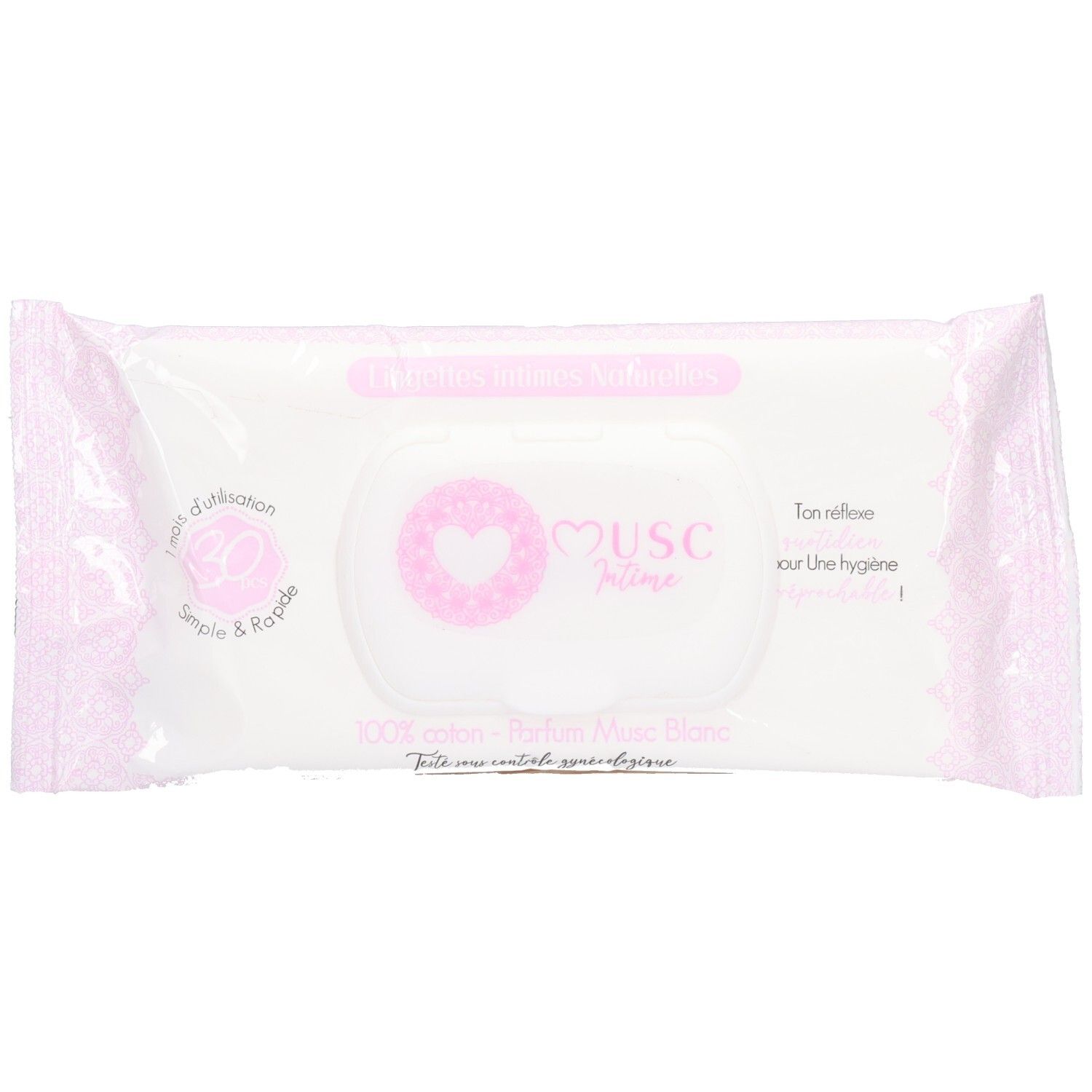 Witte en roze verpakking met logo Musc Intime. Tekst: 100% katoen, Parfum Musc Blanc. Roze patroon.