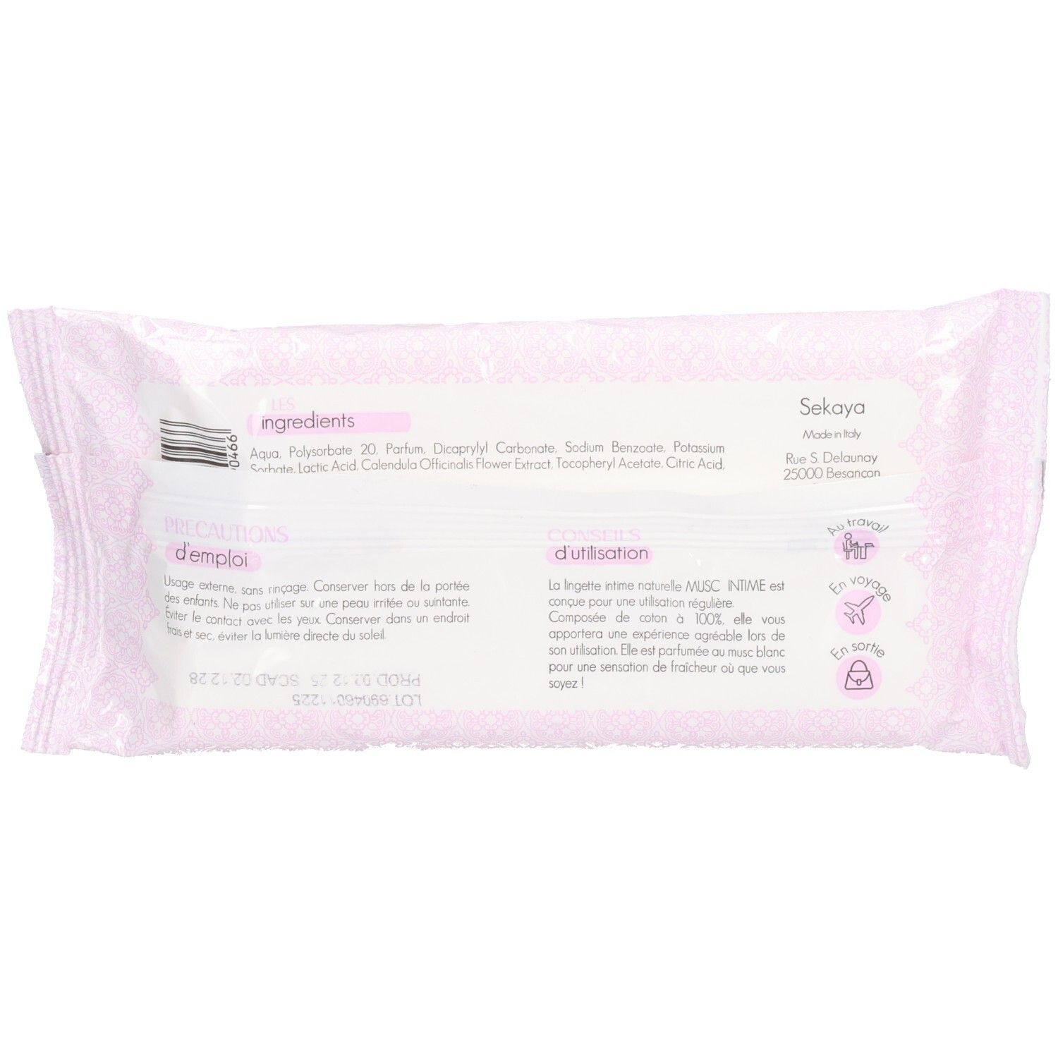 Achterkant van de verpakking. Ingrediënten en gebruiksaanwijzing. Roze achtergrond met witte stippen.
