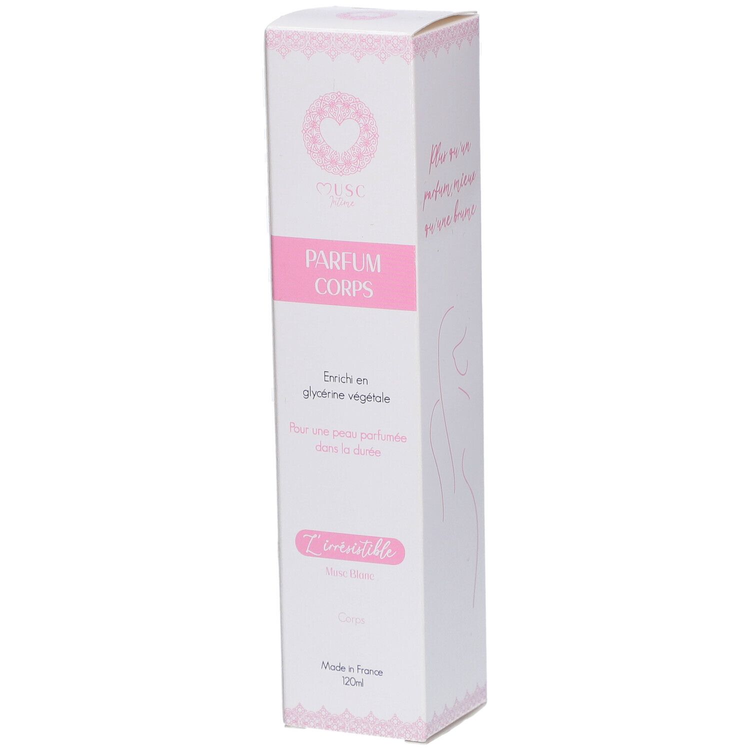 Langwerpige witte verpakking met roze accenten. Tekst: PARFUM CORPS, L'irrésistible, Musc Blanc. Gemaakt in Frankrijk. 20ml.
