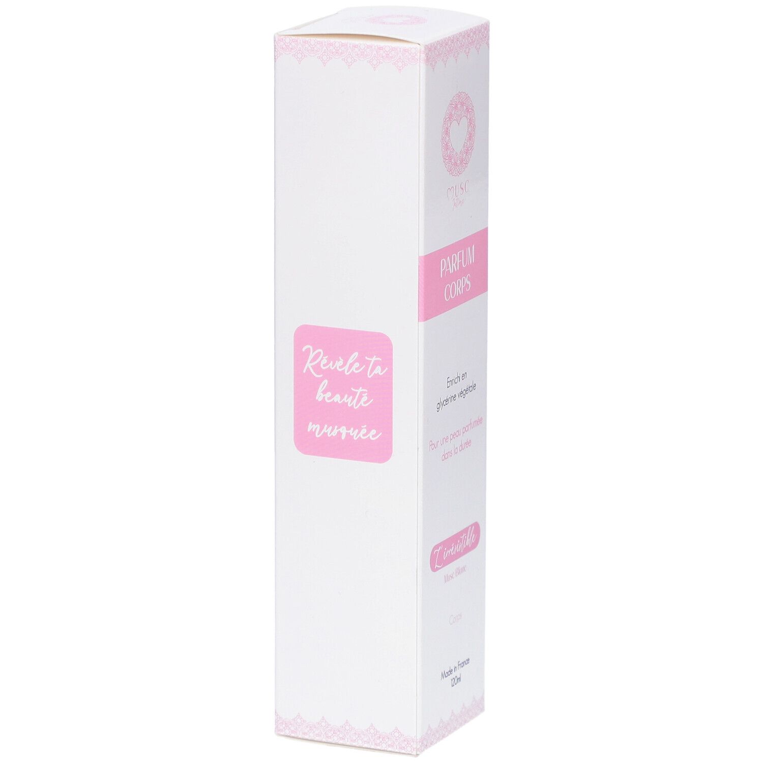 Langwerpige witte verpakking met roze accenten. Tekst: Révèle ta beauté marronnier. Productinformatie op de verpakking.