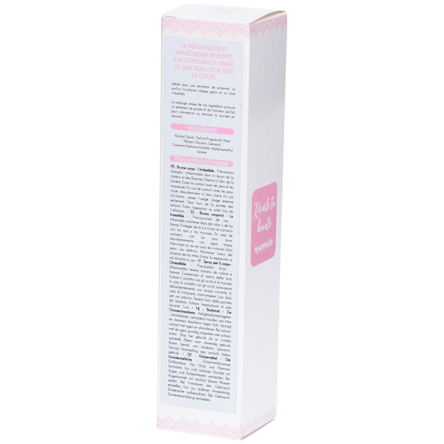Langwerpige witte verpakking met roze accenten. Tekst: Meertalige productinformatie. Details van de samenstelling.