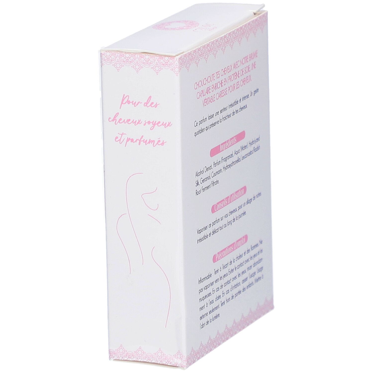 Witte doos met roze tekst. Tekst: Voor zacht en geparfumeerd haar, Ingrediënten, Gebruiksaanwijzing, Voorzorgsmaatregelen.