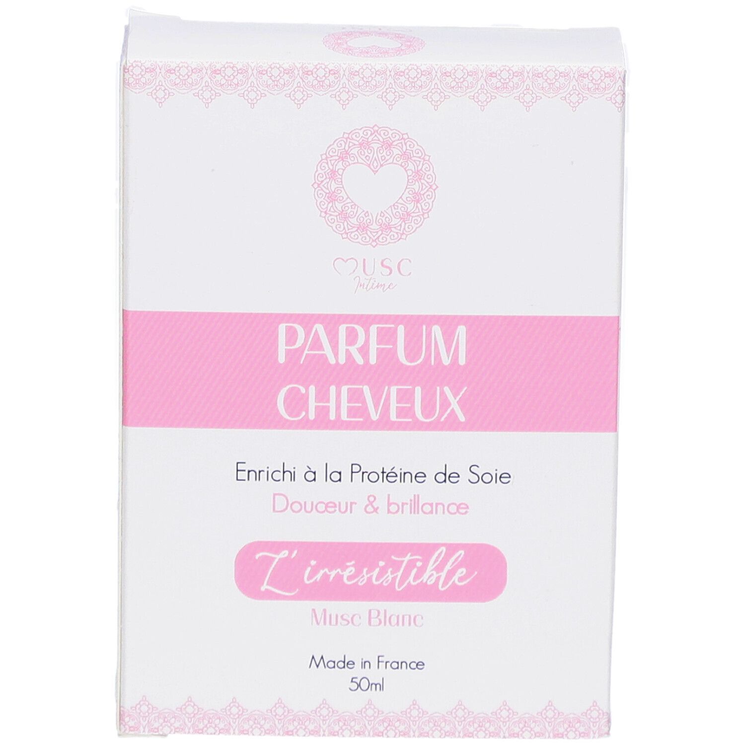 Witte doos met roze accenten. Tekst: PARFUM CHEVEUX, L'irrésistible, Musc Blanc, Made in France, 50ml.