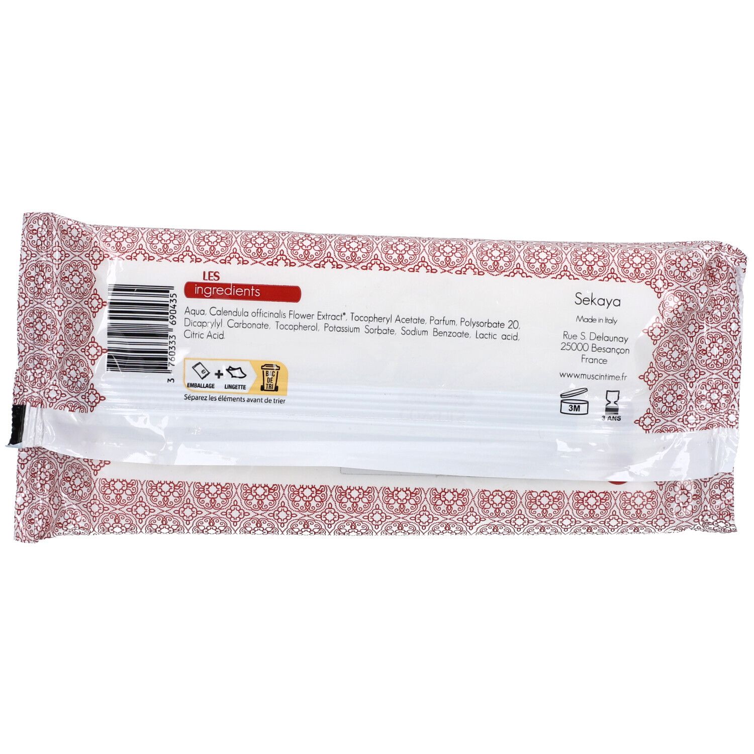 Achterkant verpakking intieme reinigingsdoekjes. Ingrediëntenlijst, barcode, fabrikantinfo.