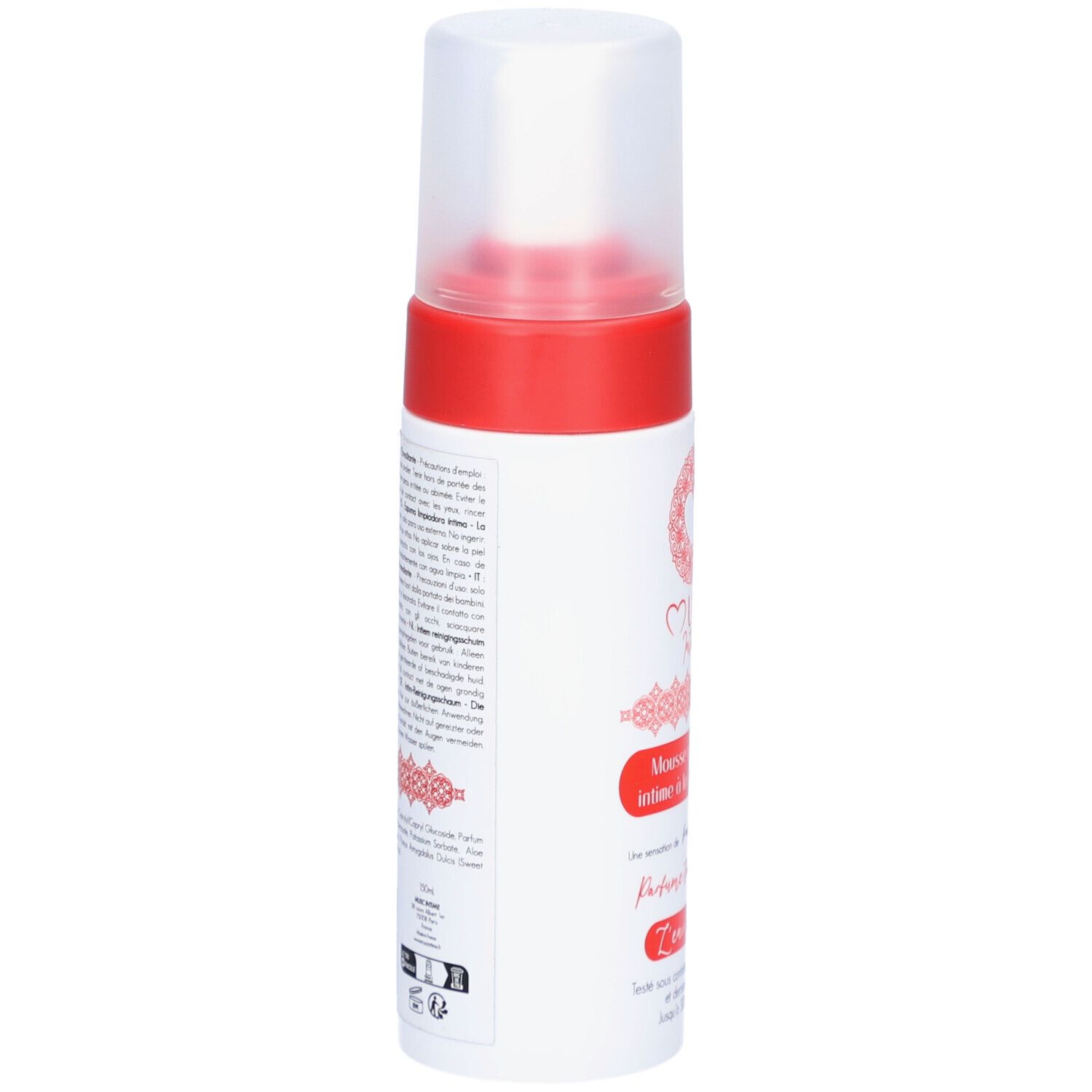 Flacon blanc et rouge, vue latérale. Texte en français. Bouchon pompe. Logo et nom du produit partiellement visibles.