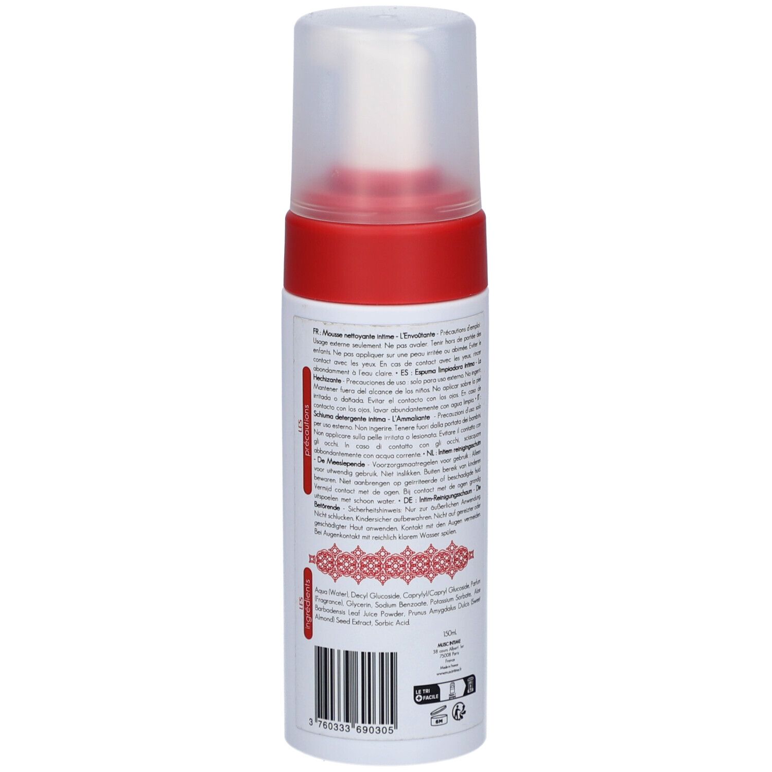 Flacon blanc et rouge, dos. Texte en français et allemand. Bouchon pompe. Ingrédients et avertissements.