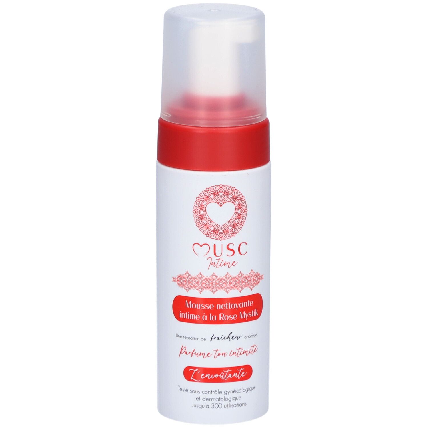 Flacon blanc et rouge avec pompe. Inscription: Musc Intime, Mousse nettoyante intime à la Rose Mystik.