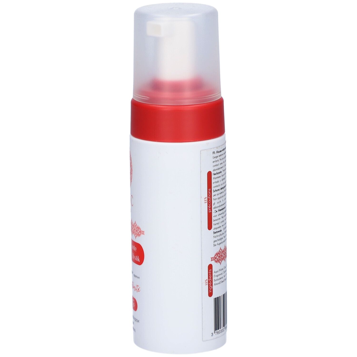 Flacon blanc et rouge, vue latérale. Texte en français. Bouchon pompe. Logo et nom du produit partiellement visibles.