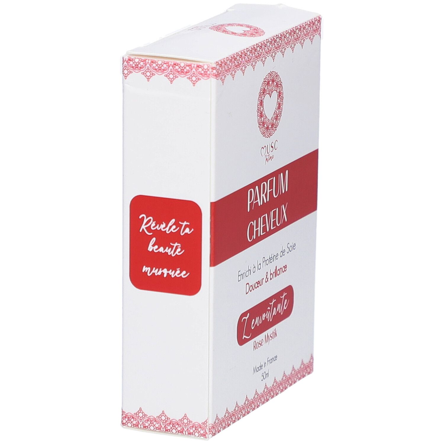 Witte doos met rode sticker. Opschrift: PARFUM CHEVEUX, Z'envoutante, Rose Mystik. Hart logo. Made in France.
