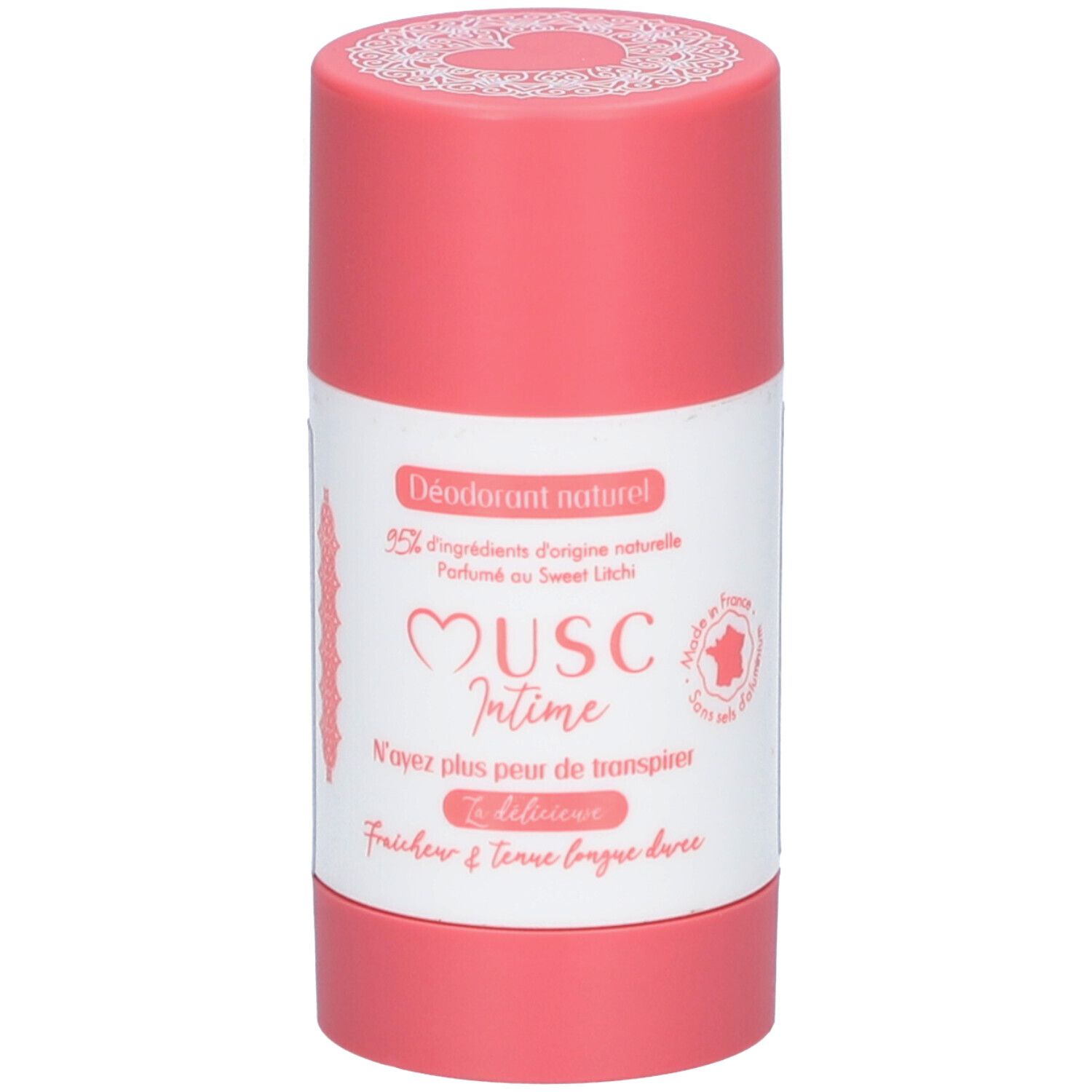Roze deodorantstick. Etiket met tekst: Musc Intime, Déodorant naturel, 95% ingrediënten van natuurlijke oorsprong.