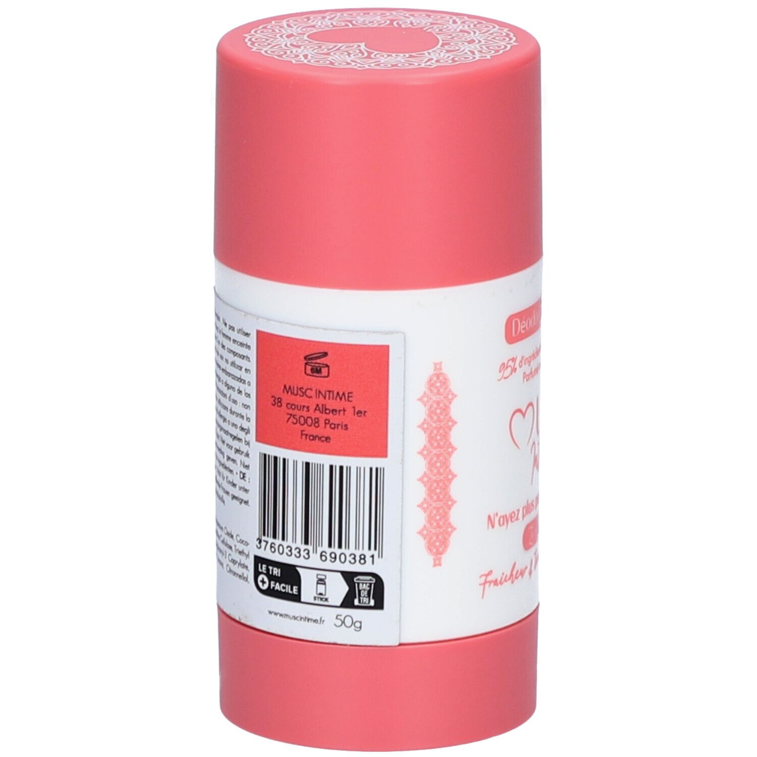 Deodorantstick, achterkant. Etiket met tekst: Musc Intime, adres, barcode, 50g en pictogrammen.