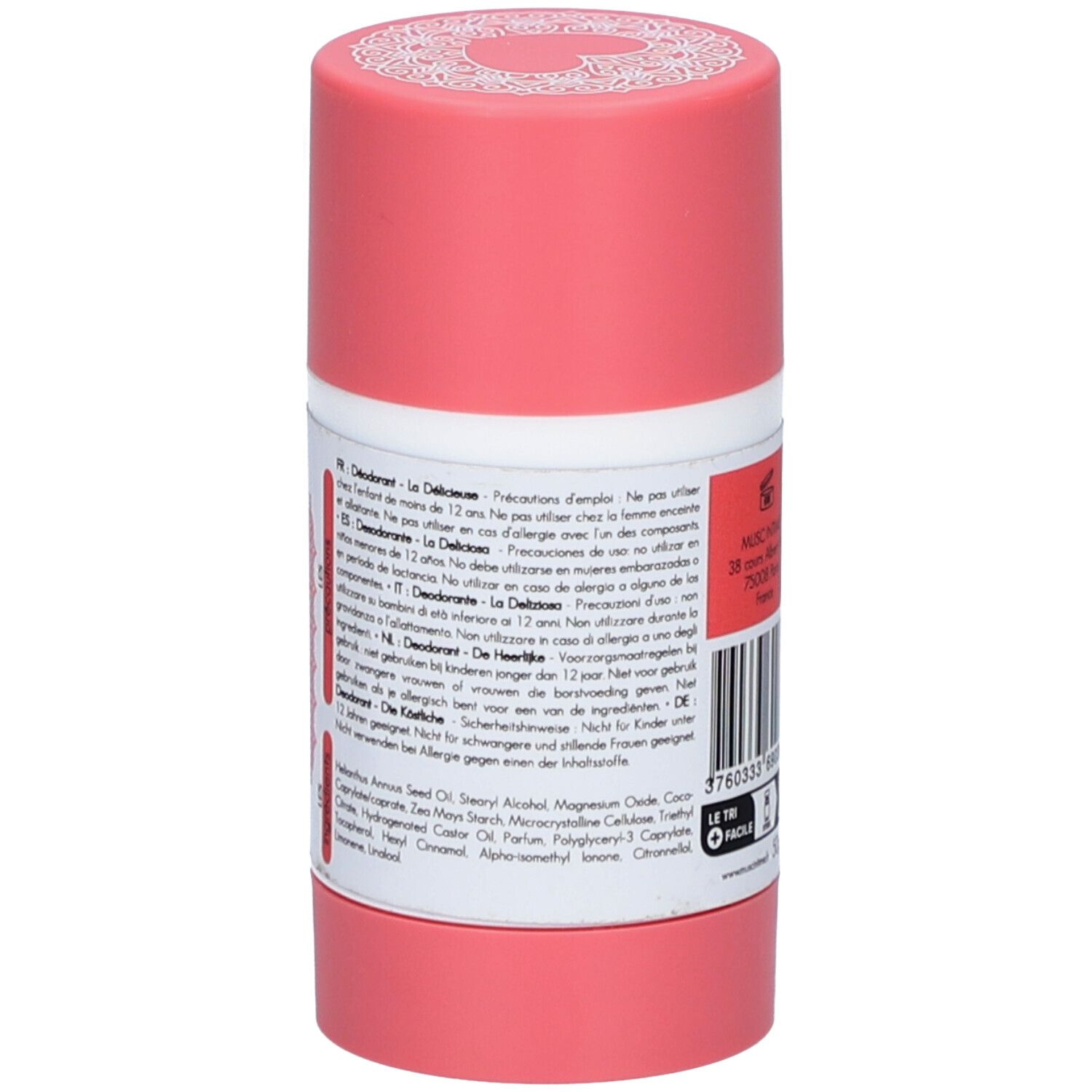 Deodorantstick, achterkant. Etiket met meertalige tekst, ingrediënten en waarschuwingen.