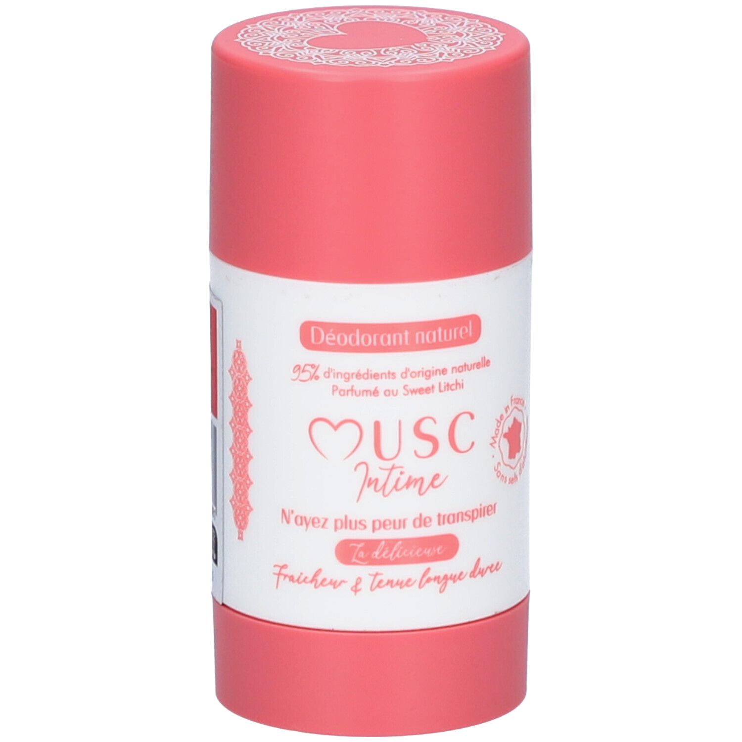 Roze deodorantstick. Etiket met tekst: Musc Intime, Déodorant naturel, 95% ingrediënten van natuurlijke oorsprong.
