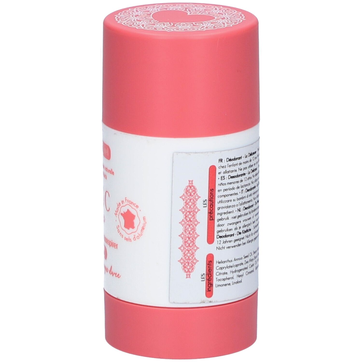 Deodorantstick, achterkant. Etiket met meertalige tekst, ingrediënten en waarschuwingen.