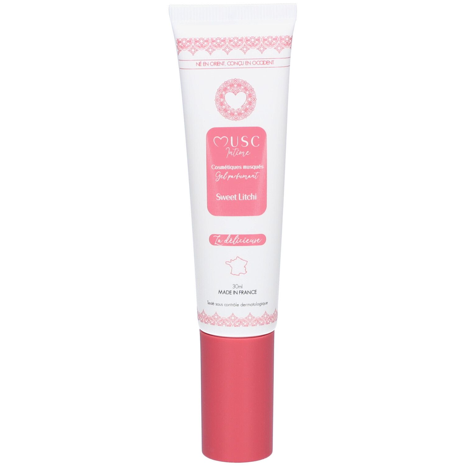 Wit-roze tube. Opschrift: Musc Intime, Gel parfumant, Sweet Litchi. Roze dop. Gemaakt in Frankrijk.