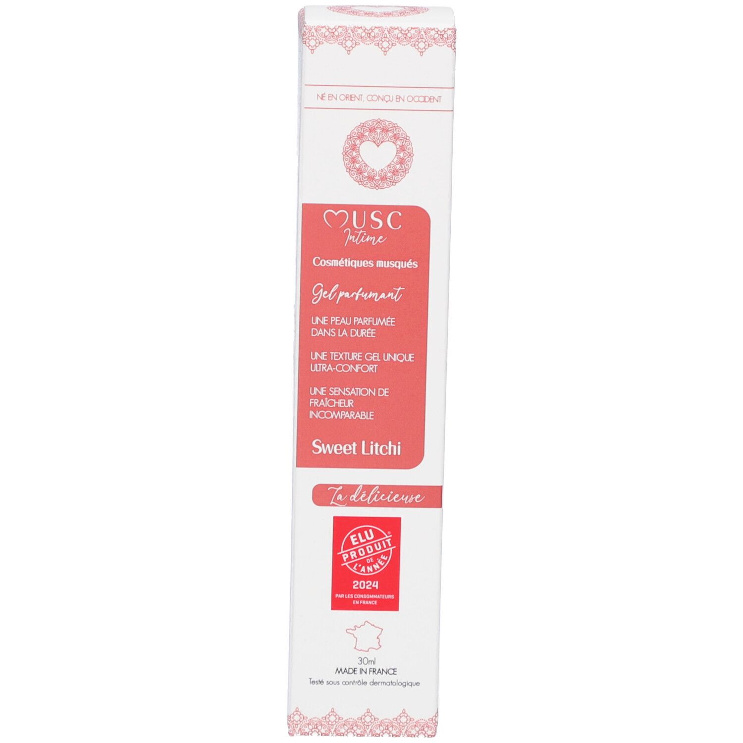 Verpakking. Wit met roze tekst. Opschrift: Musc Intime, Gel parfumant, Sweet Litchi. ELU-zegel. Gemaakt in Frankrijk.
