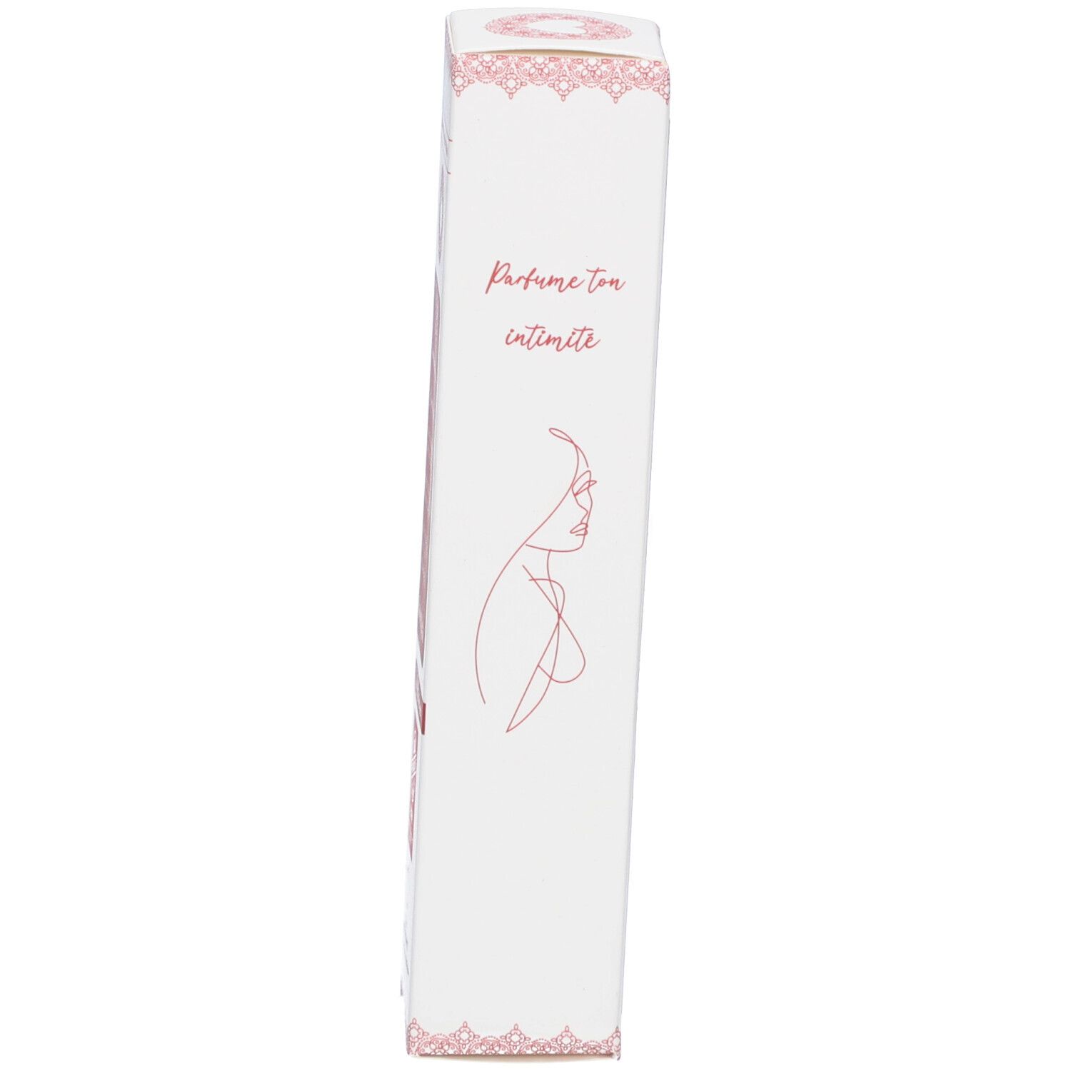 Verpakking. Wit met roze tekst. Opschrift: Parfume ton intimité. Vrouwenschets. Roze versieringen.
