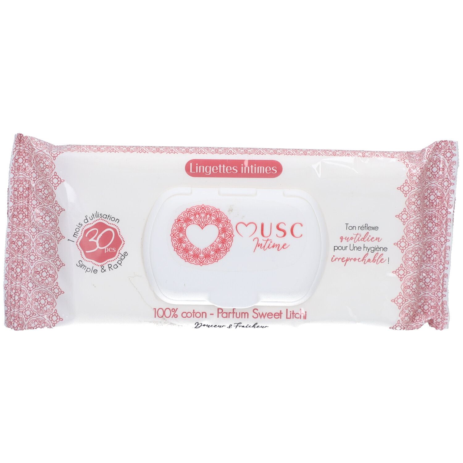 Roze verpakking met "Musc Intime" logo en tekst. Bevat vochtige doekjes. Opschrift: "100% coton - Parfum Sweet Litchi".