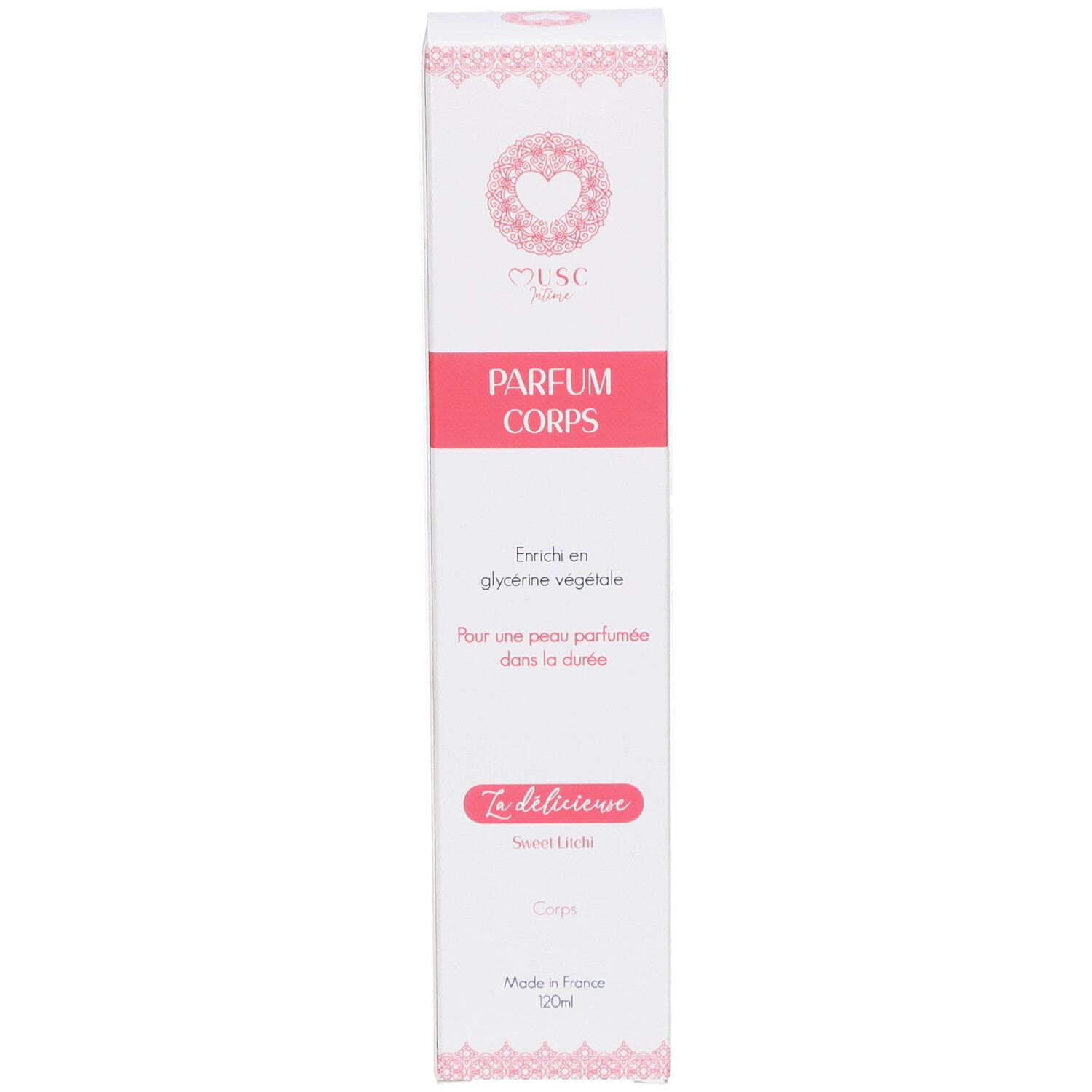 Boîte blanche avec accents roses. Inscription: PARFUM CORPS. Marque: MUSC Intime. Texte: Sweet Litchi. Fabriqué en France.