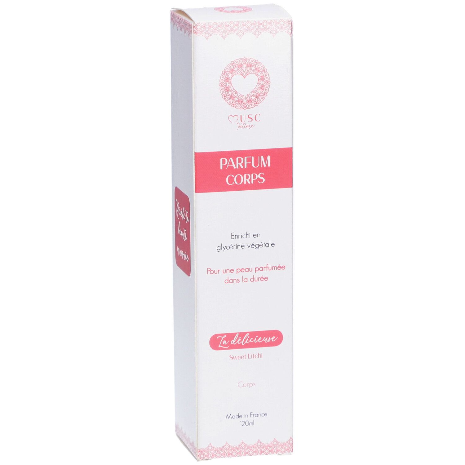 Boîte blanche avec accents roses. Inscription: PARFUM CORPS. Marque: MUSC Intime. Texte: Sweet Litchi. Fabriqué en France.