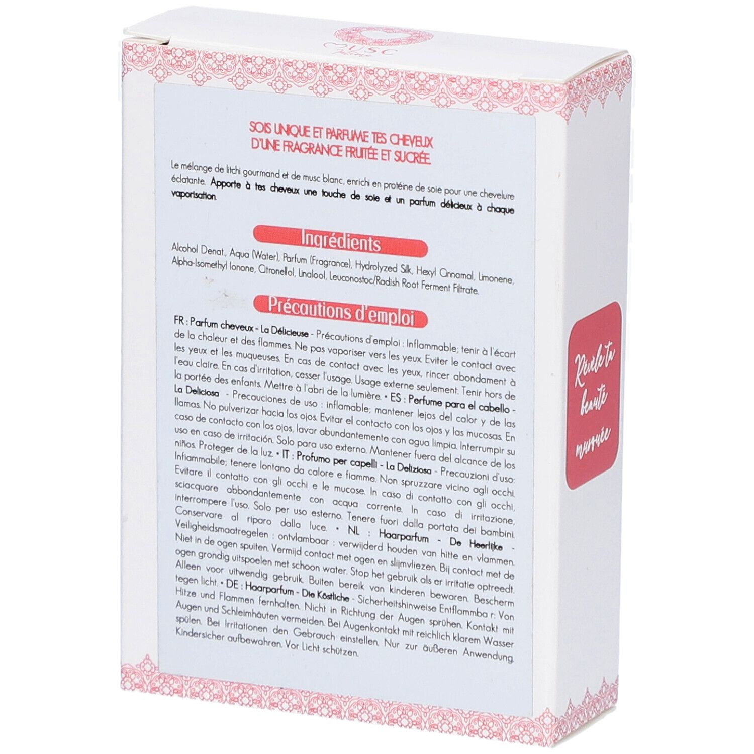 Achterkant van de verpakking. Tekst: Ingrediënten, gebruiksaanwijzing in meerdere talen. Roze en wit design.