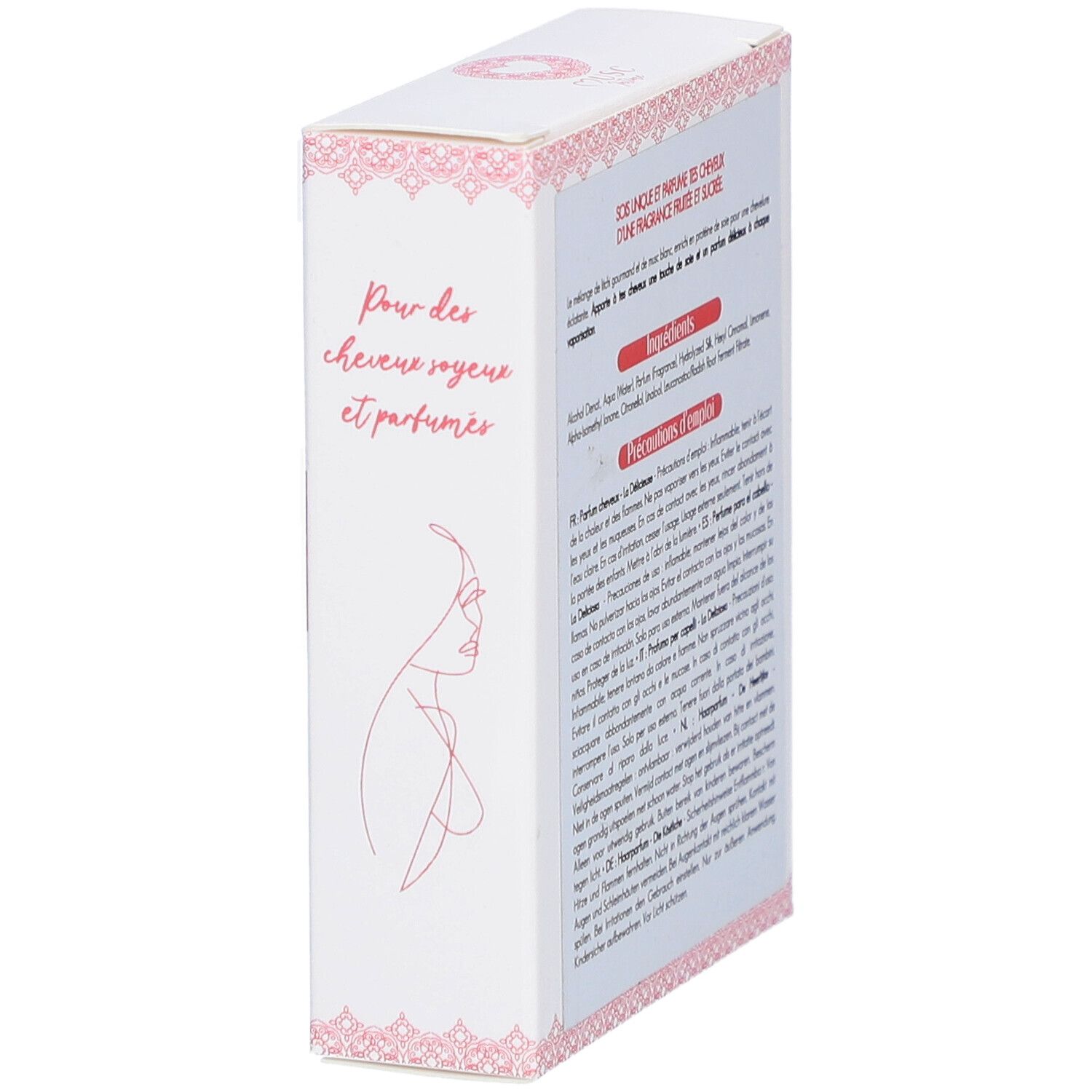 Zijkant van de doos. Tekst: "Pour des cheveux soyeux et parfumés". Roze en wit design. Vrouwelijke schets.