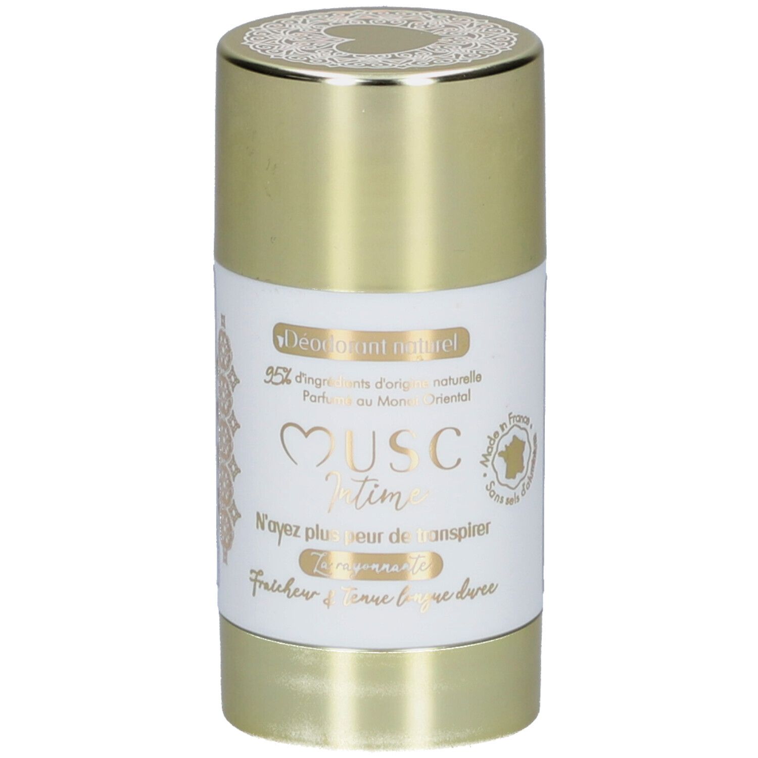 Cilindrische deodorantstick met gouden dop. Wit etiket met productnaam en tekst. "Musc Intime" is zichtbaar.