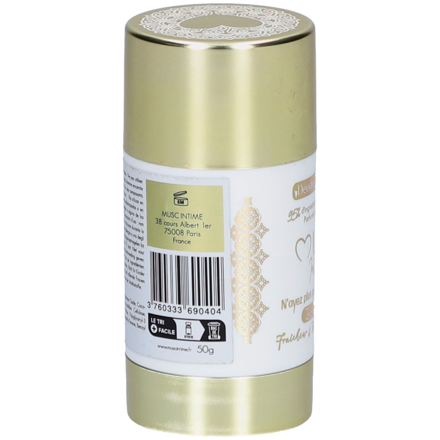 Achterkant van de deodorantstick. Barcode, adres en gewicht (50g) zichtbaar. "Musc Intime" op het etiket.
