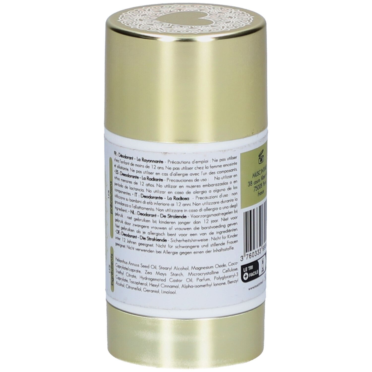 Achterkant van de deodorantstick. Meertalige tekst, ingrediënten en voorzorgsmaatregelen zichtbaar.