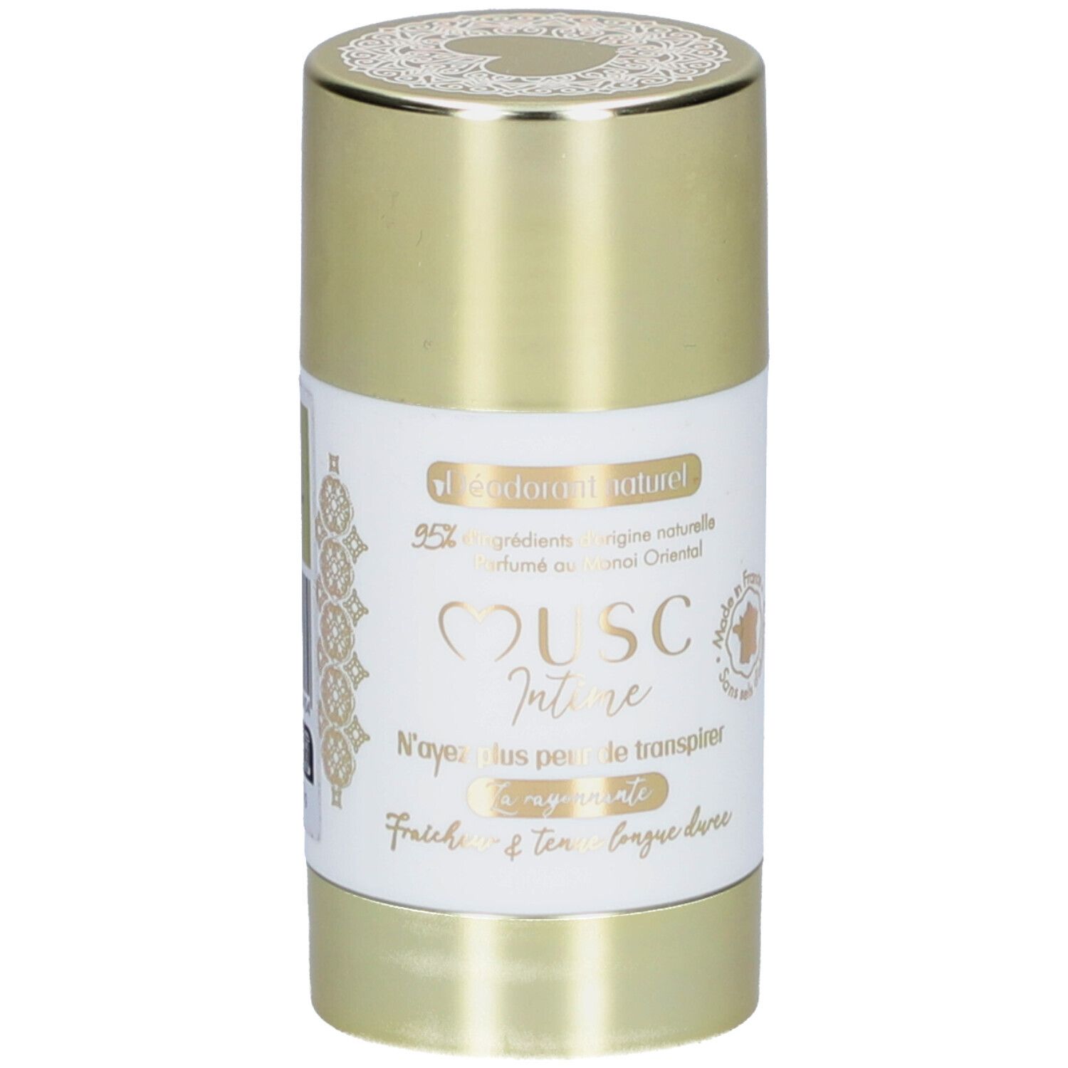 Deodorantstick met gouden dop. Wit etiket met productnaam en tekst. "Musc Intime" is zichtbaar.