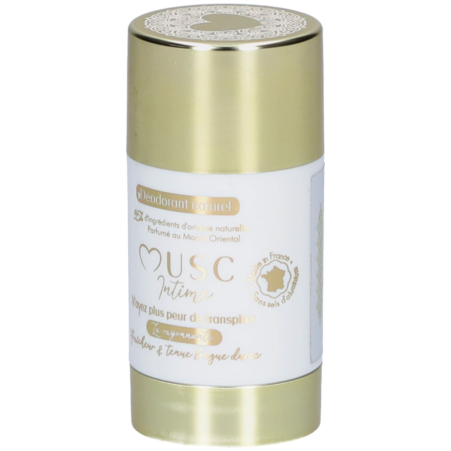 Deodorantstick met gouden dop. Wit etiket met productnaam en tekst. "Musc Intime" is zichtbaar.