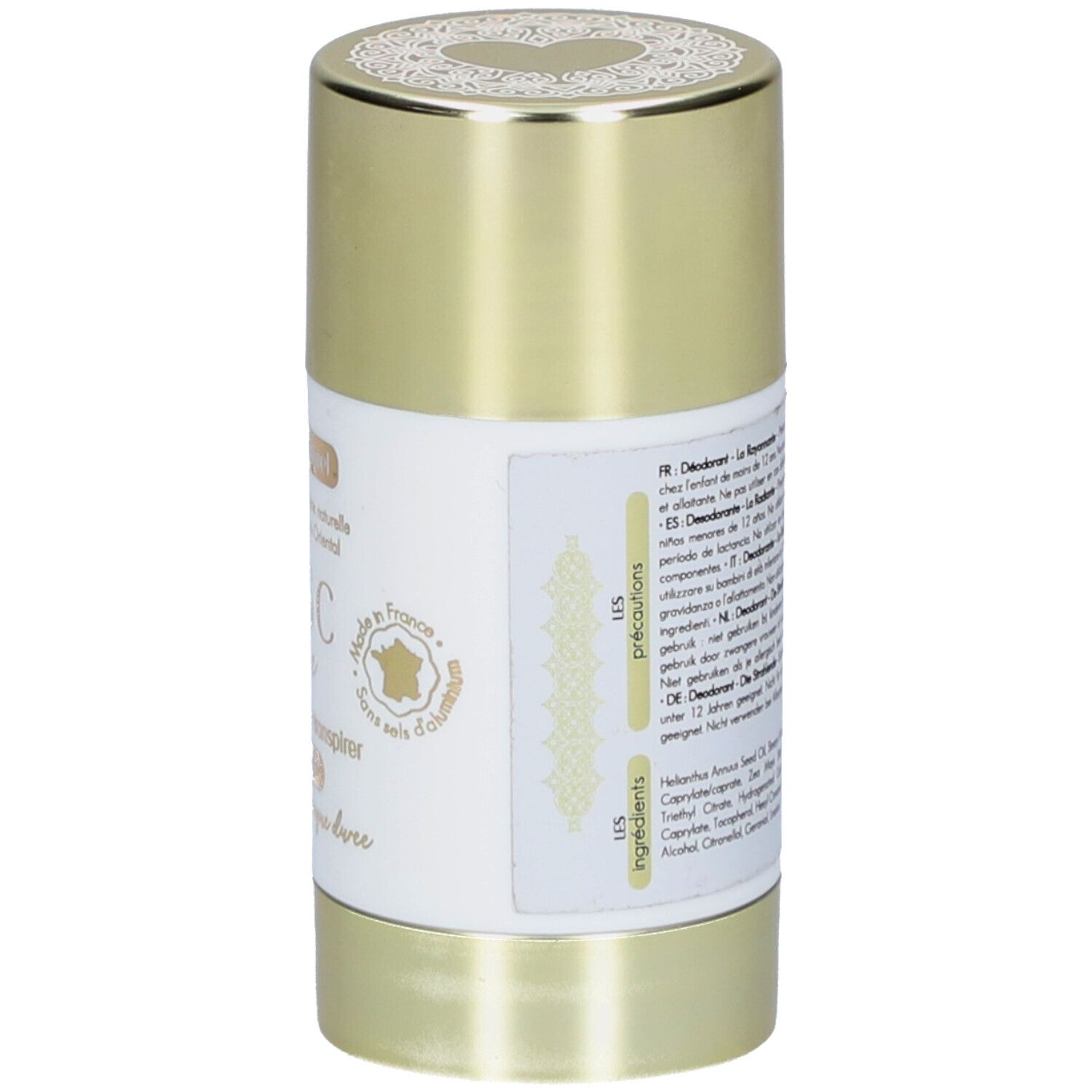 Achterkant van de deodorantstick. Tekst, ingrediënten en herkomstlabels zichtbaar. "Musc Intime" op het etiket.