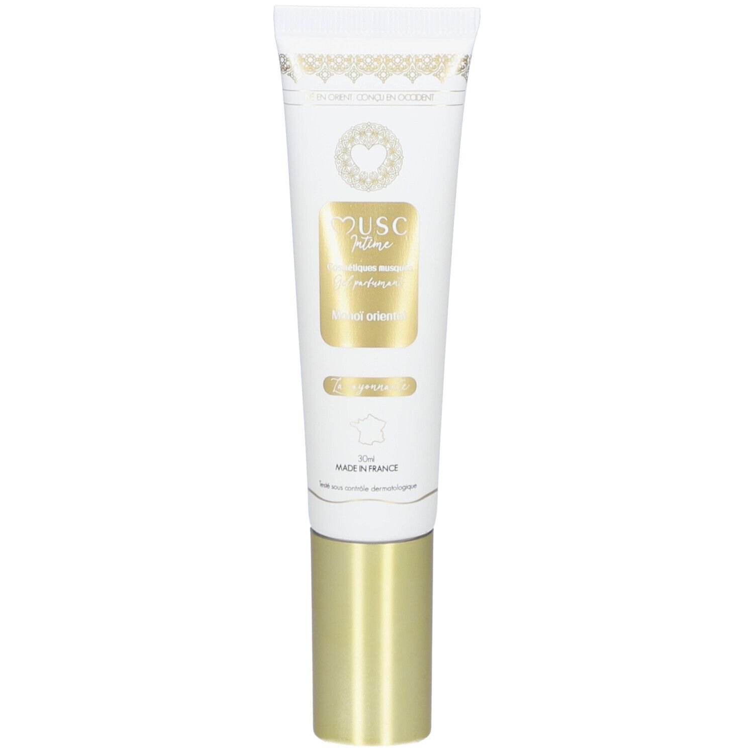 Witte en gouden tube. Opschrift: Musc Intime, Gel parfumé, Monoï Oriental. Gemaakt in Frankrijk.