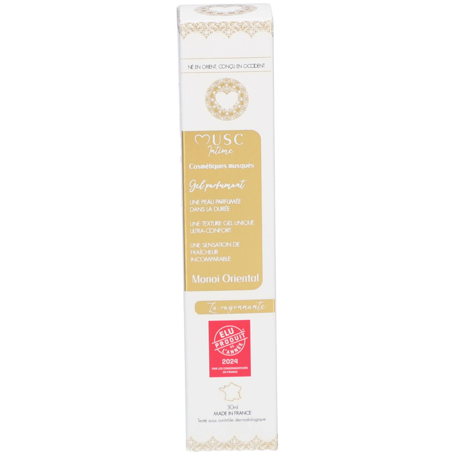 Productverpakking. Opschrift: Musc Intime, Gel parfumé, Monoï Oriental. Met onderscheiding.