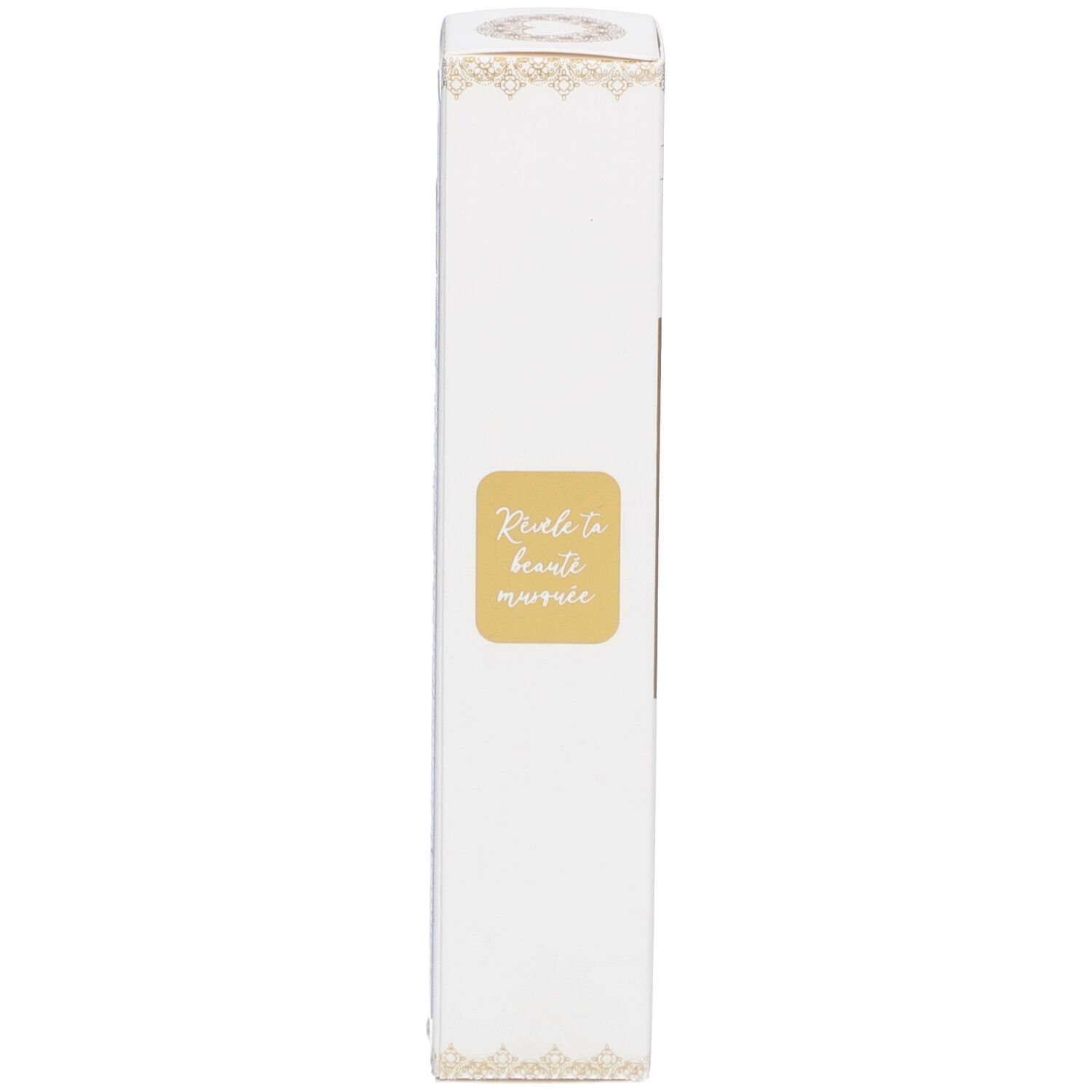 Smalle productverpakking. Gouden sticker met tekst: Révèle ta beauté muée.