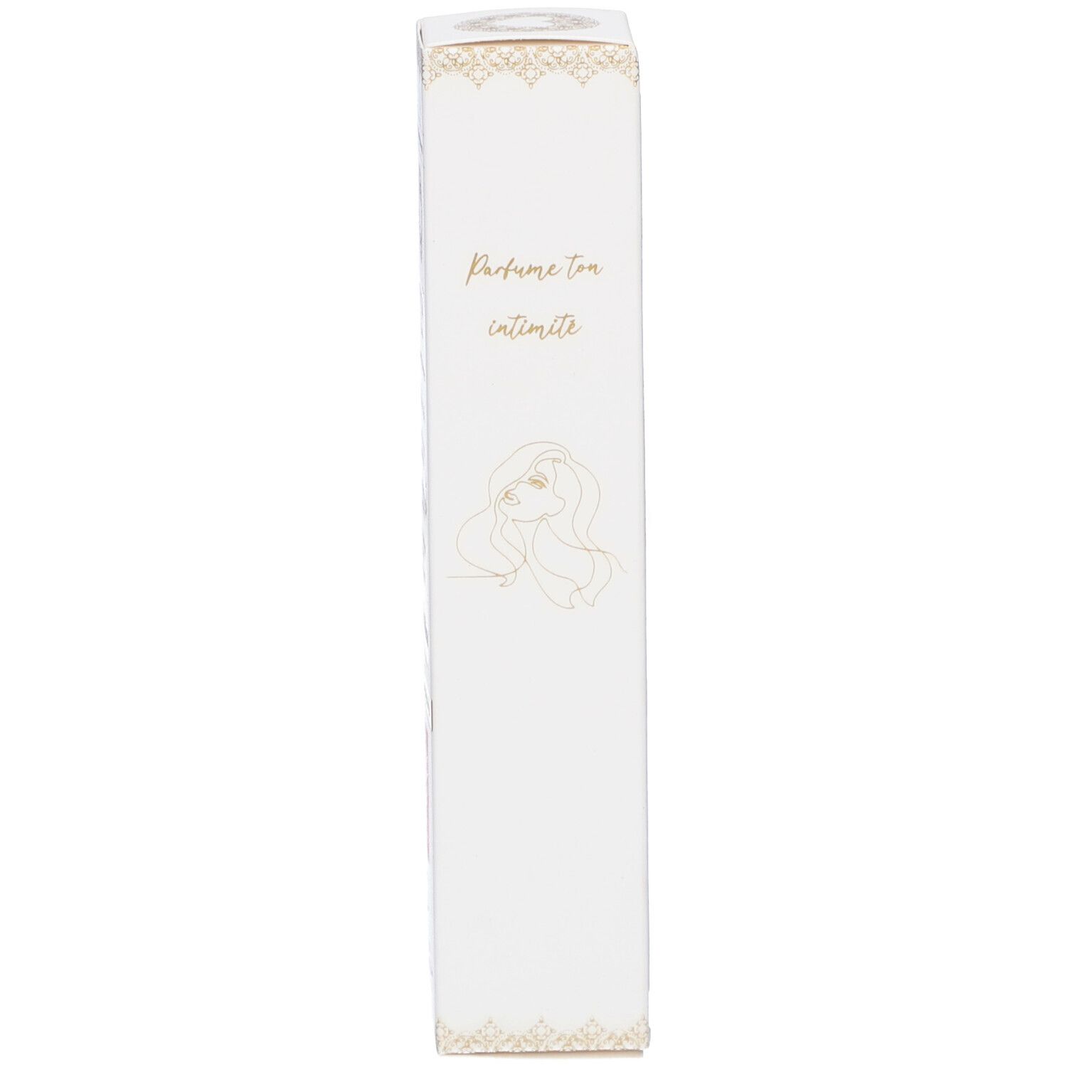 Smalle productverpakking. Opschrift: Parfume ton intimité. Illustratie van een vrouw.