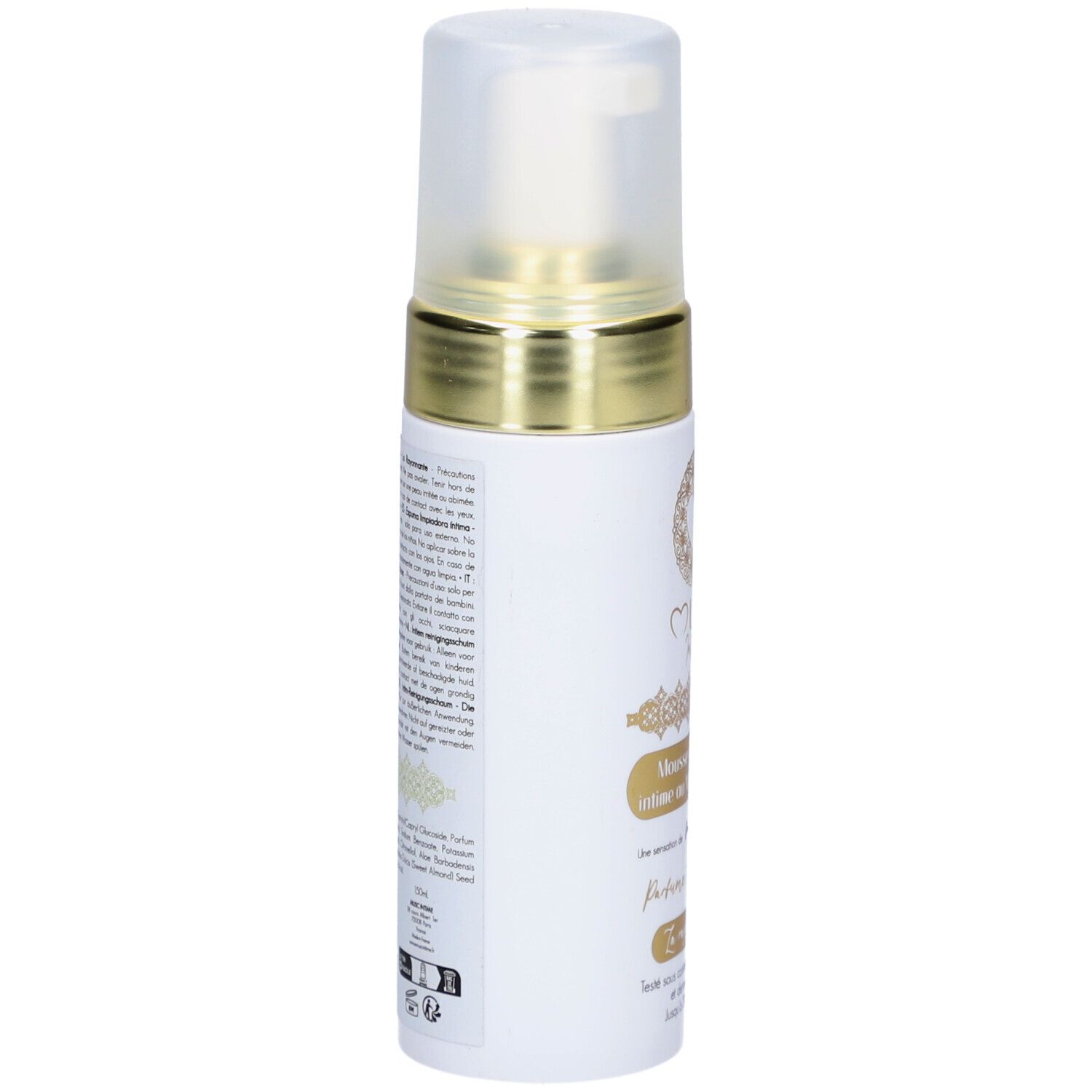 Flacon blanc avec bague dorée et bouchon. Texte sur le côté. Informations sur le produit et ingrédients.