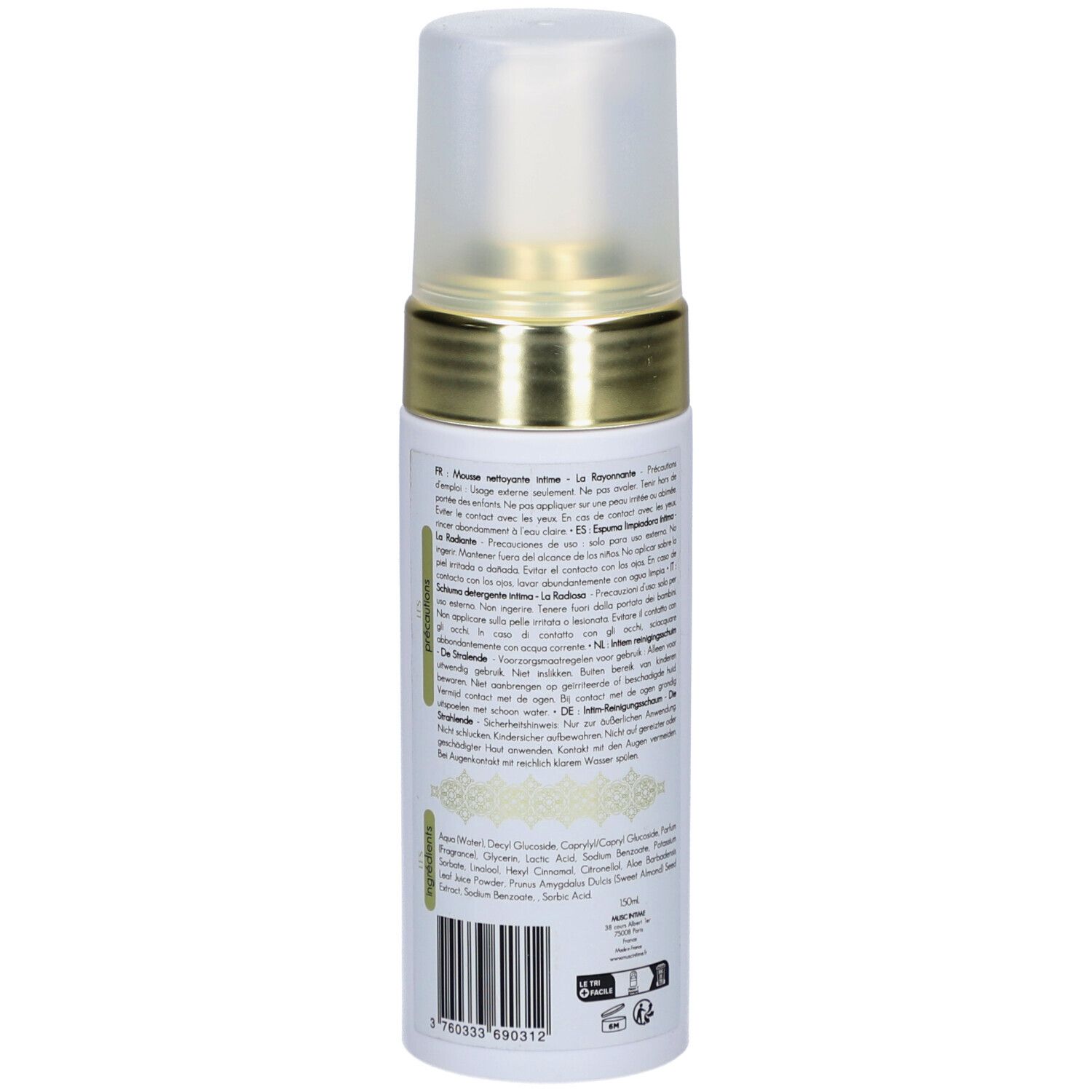 Flacon blanc avec bague dorée et bouchon. Dos avec texte. Informations sur le produit et ingrédients.