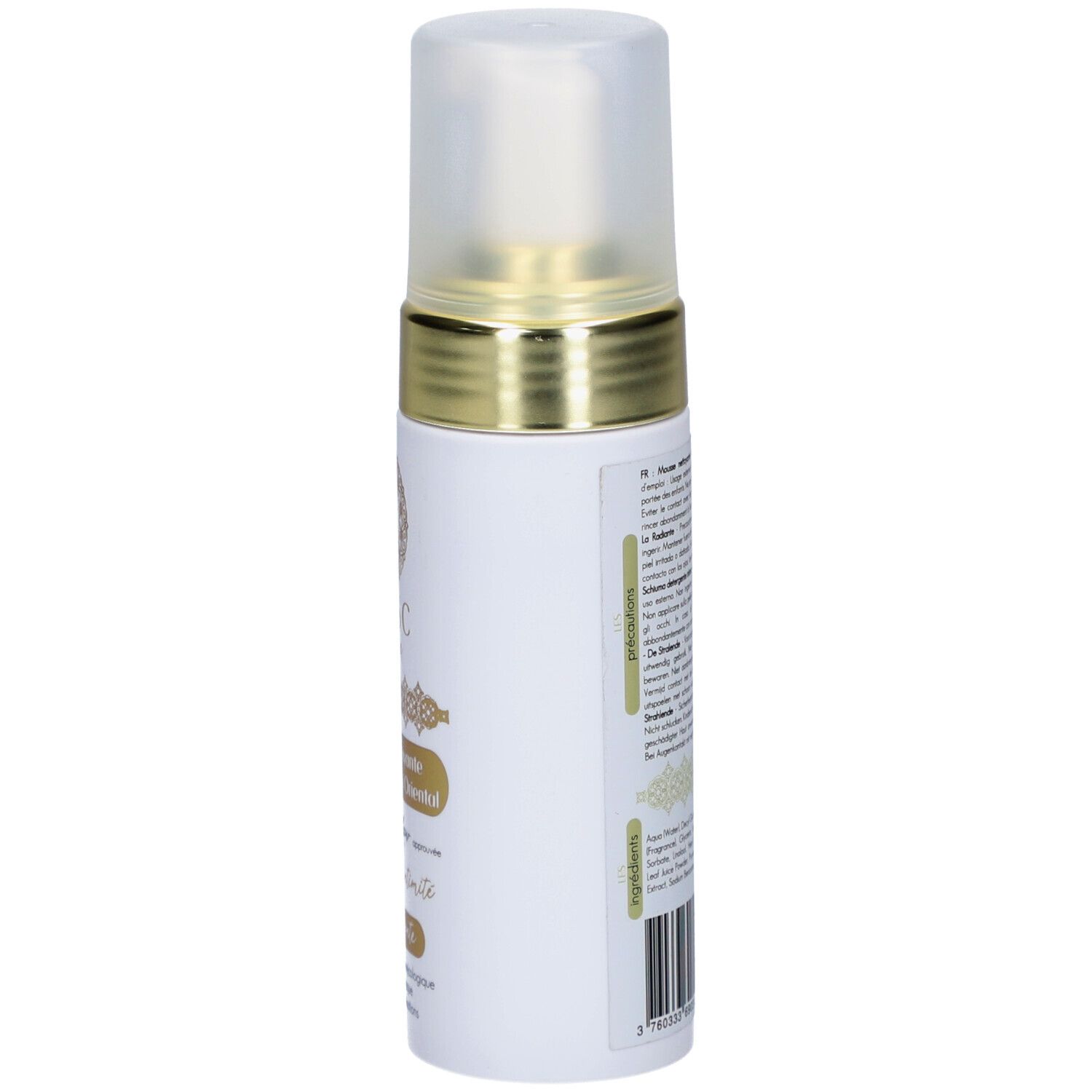 Flacon blanc avec bague dorée et bouchon. Texte sur le côté. Informations sur le produit et ingrédients.