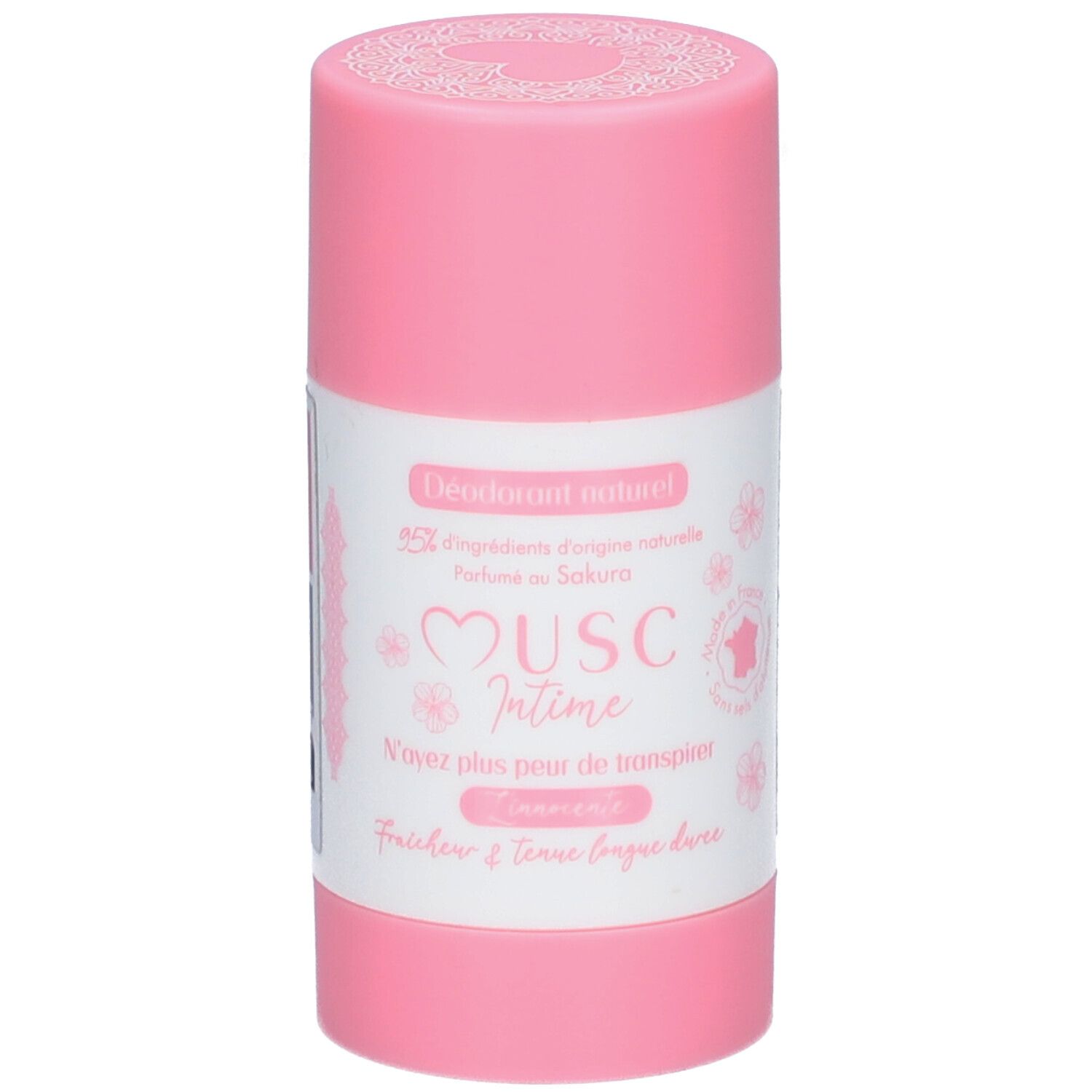 Roze deodorantstick. Wit etiket met tekst: "Musc Intime", "Fleur de Sakura".