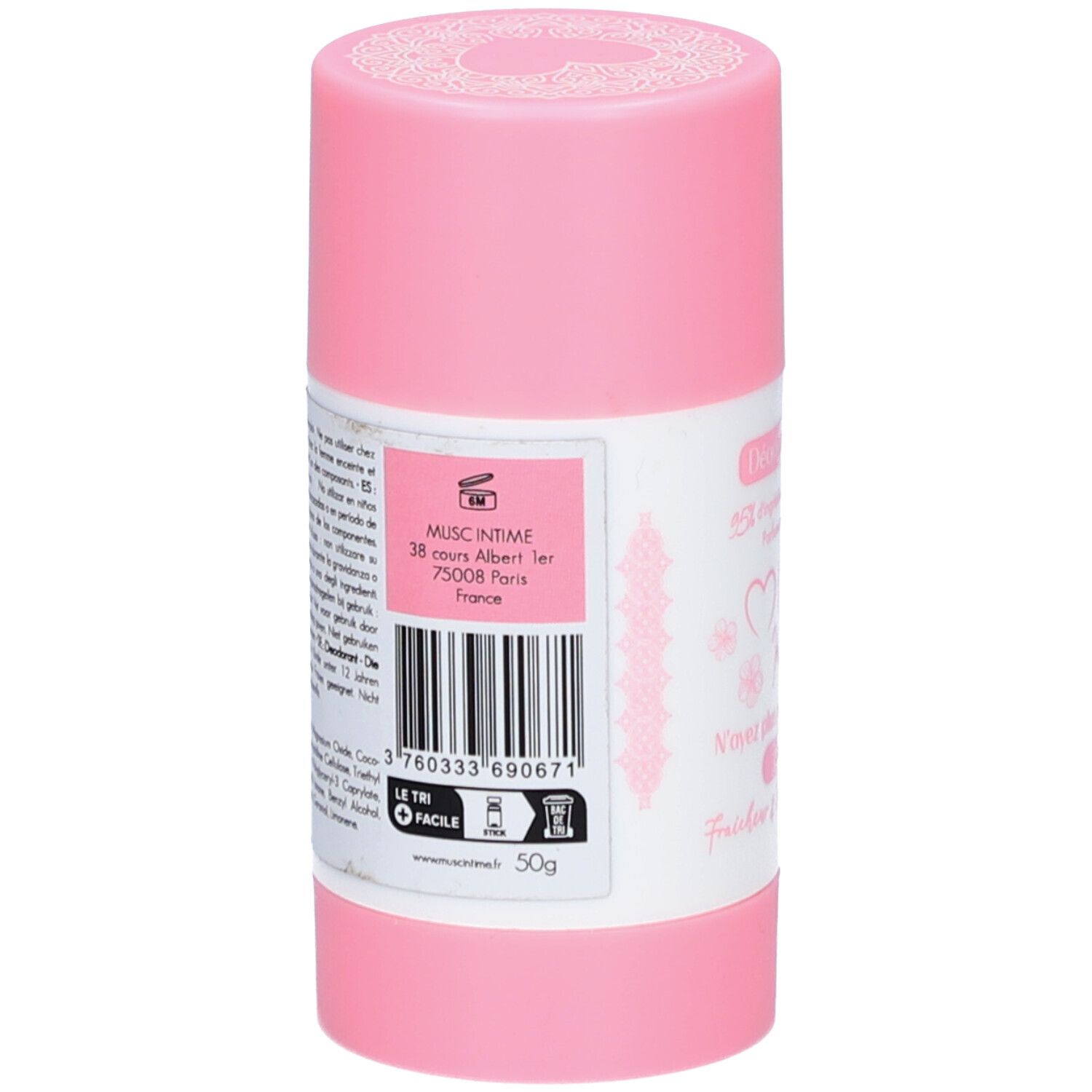 Roze deodorantstick. Achterkant met barcode, adres en tekst: "Musc Intime".