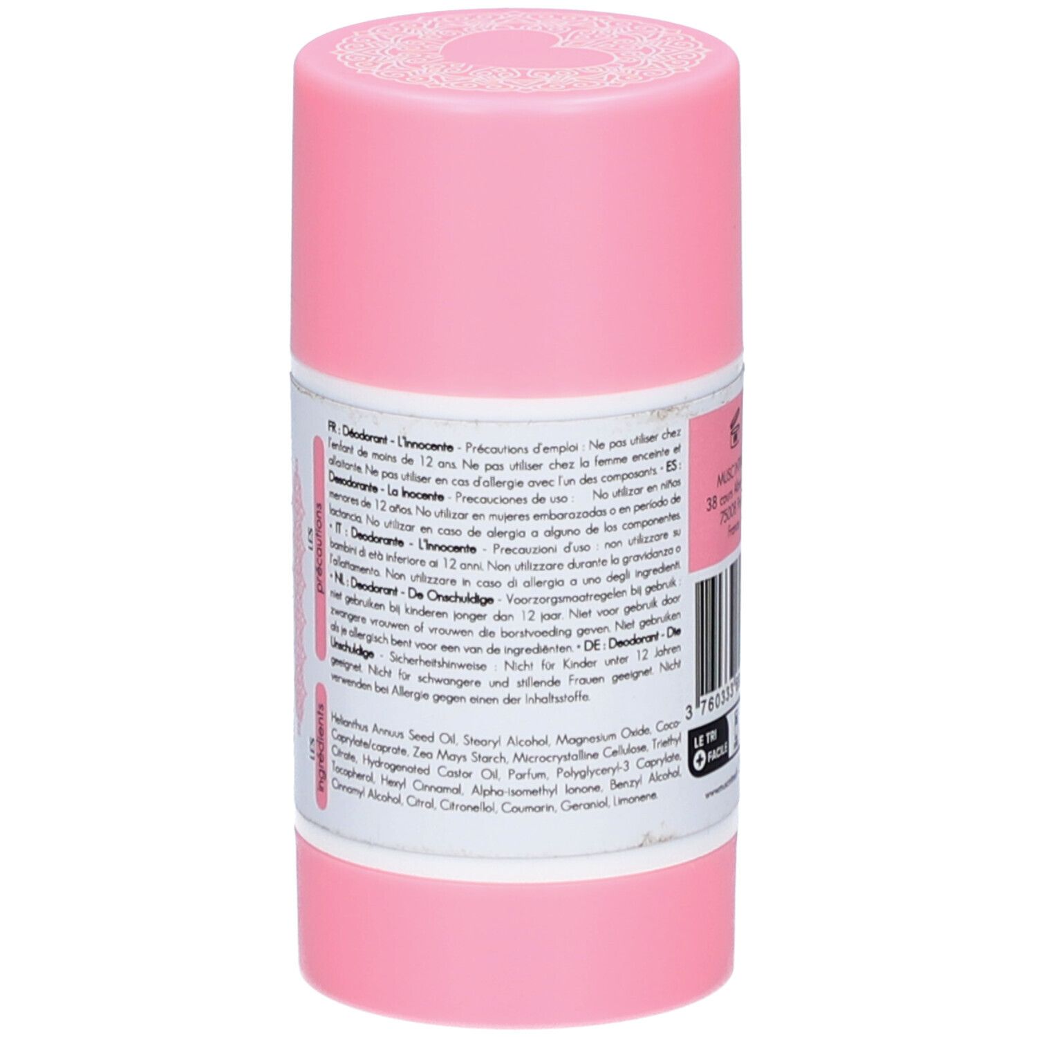 Roze deodorantstick. Achterkant met meertalige tekst, ingrediënten.