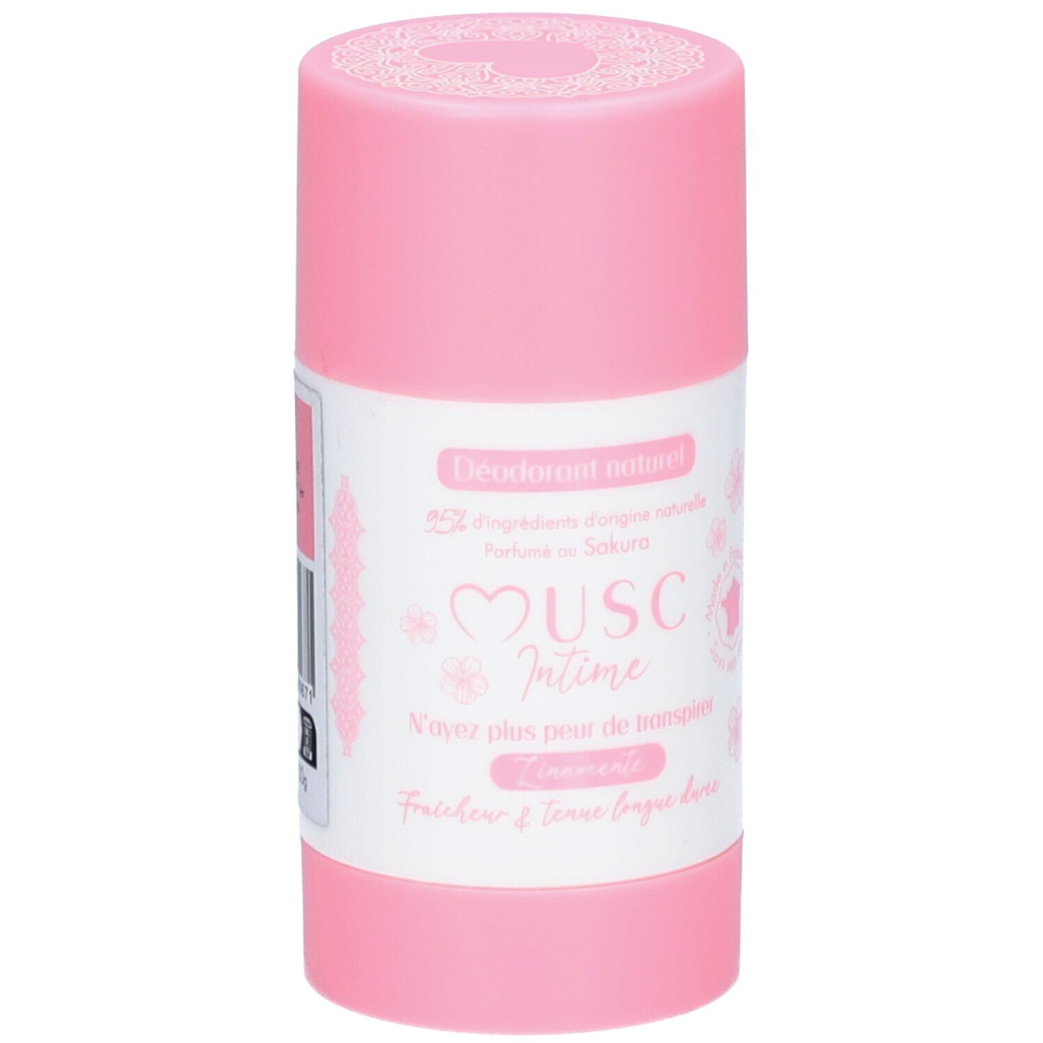 Roze deodorantstick. Wit etiket met tekst: "Musc Intime", "Fleur de Sakura".