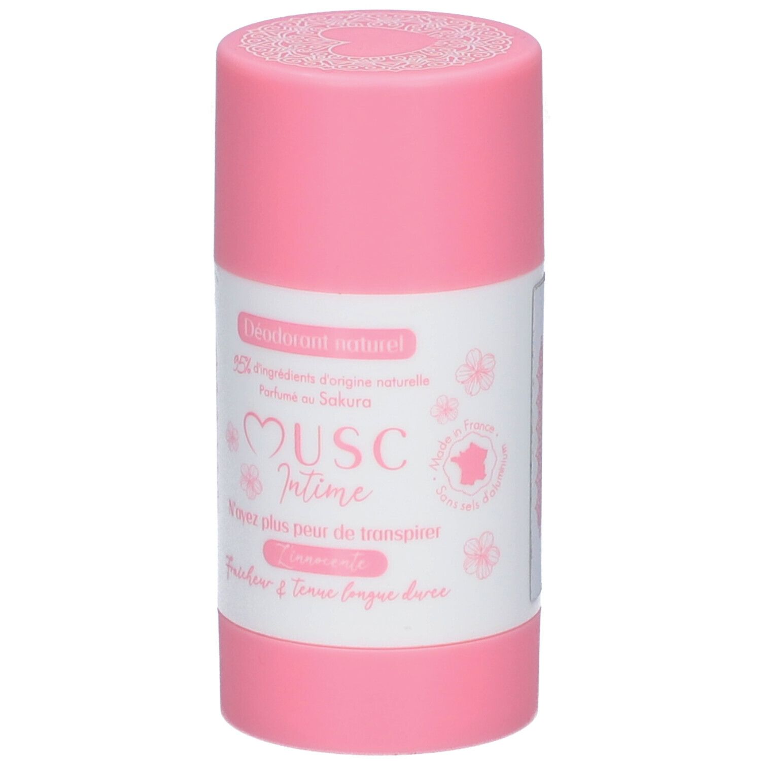 Roze deodorantstick. Wit etiket met tekst: "Musc Intime", "Fleur de Sakura".
