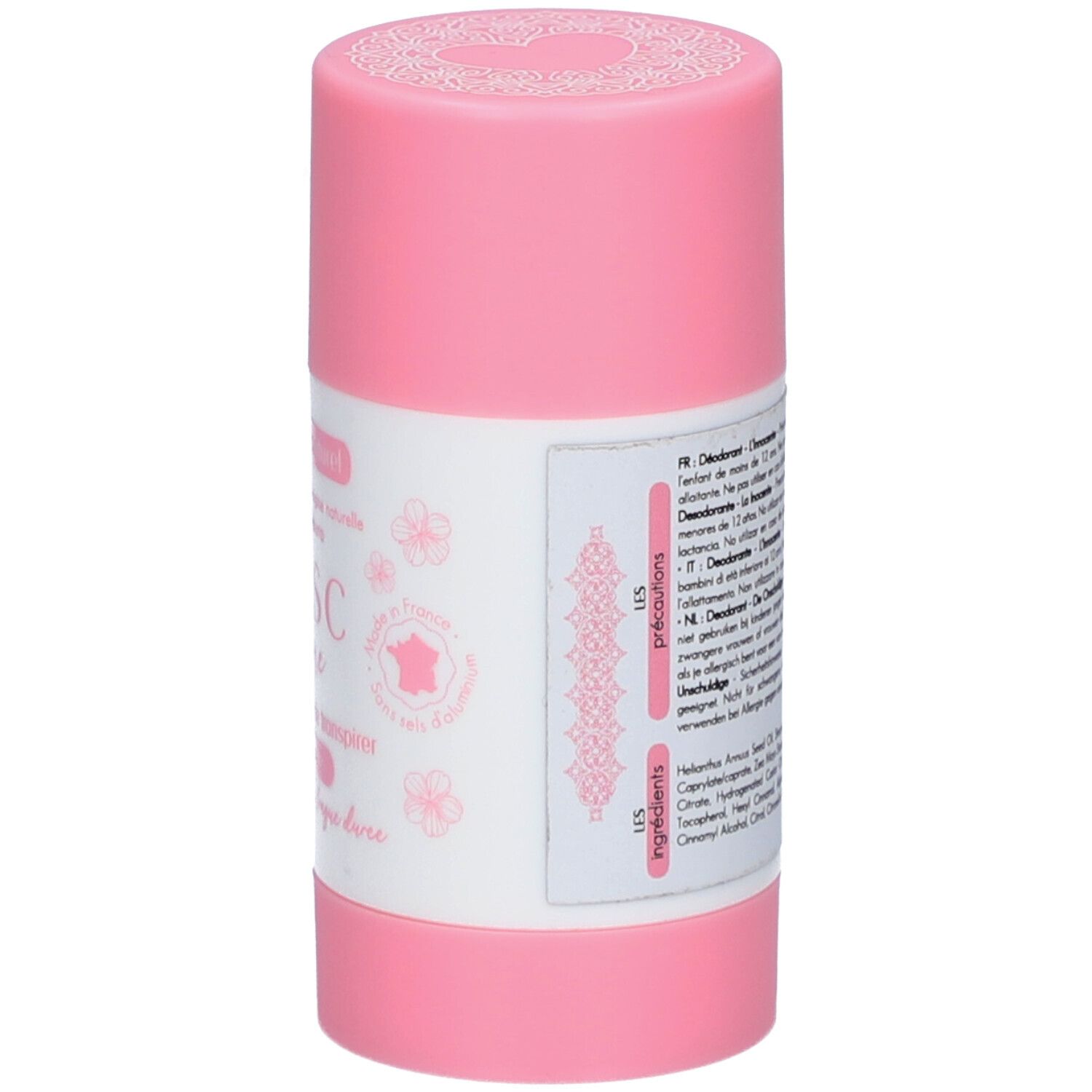 Roze deodorantstick. Achterkant met meertalige tekst, ingrediënten.