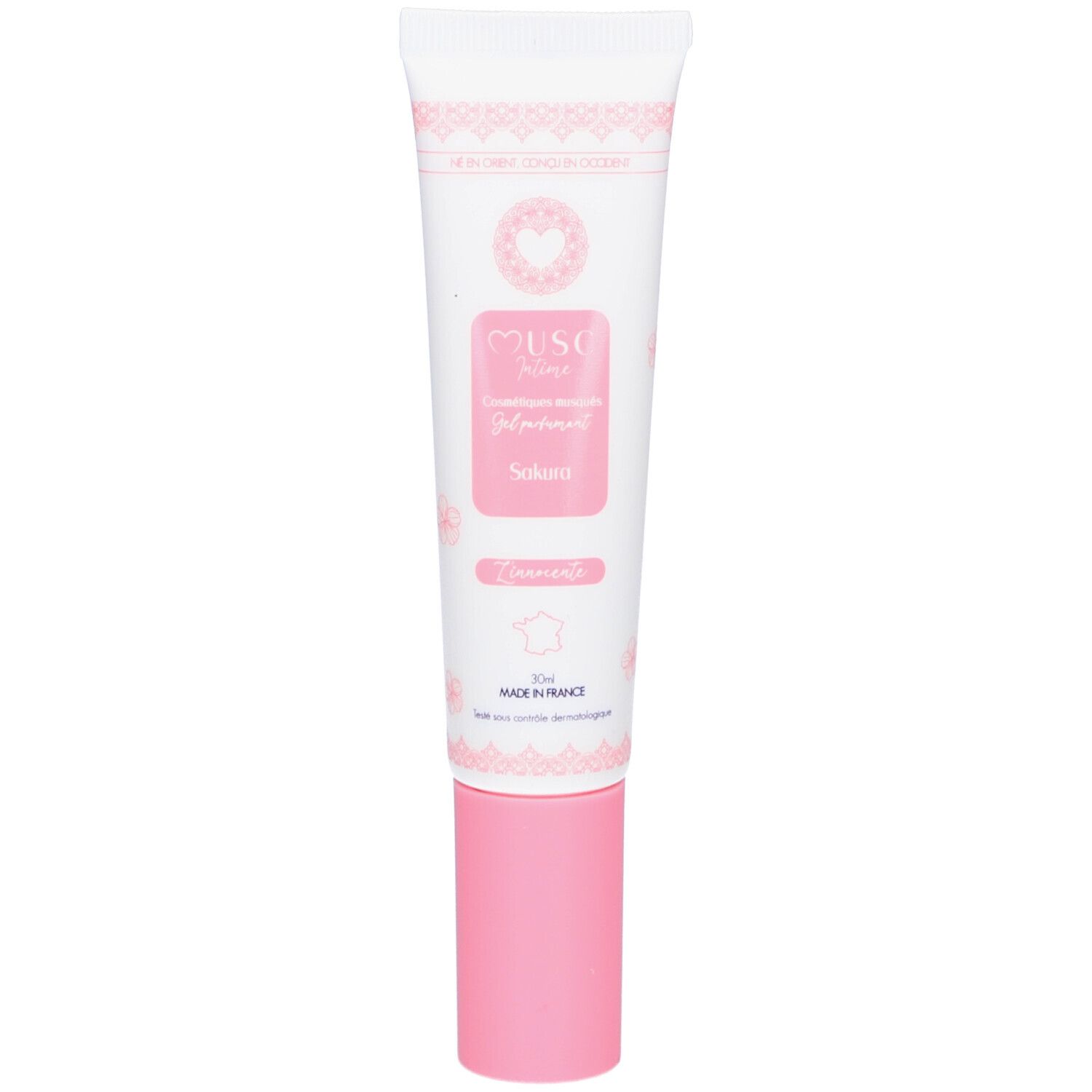 Tube blanc, bouchon rose. Inscriptions: Musc Intime, Gel Parfumant, Sakura. Motifs floraux roses.