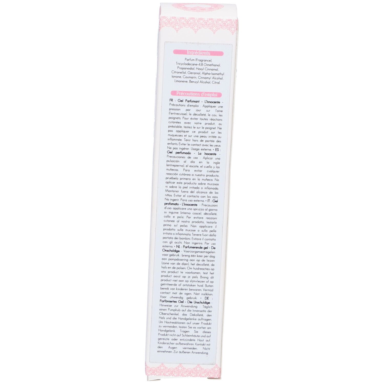 Boîte. Texte multilingue. Ingrédients. Motifs floraux roses.