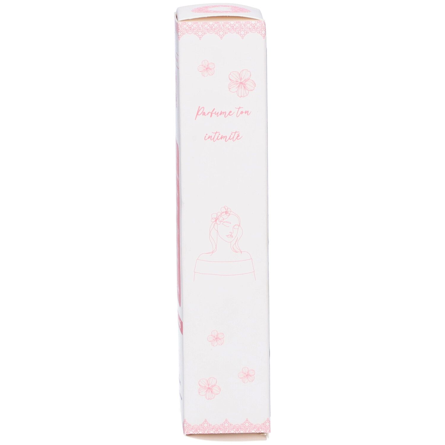 Boîte. Inscription: Parfume ton intimité. Motifs floraux roses.