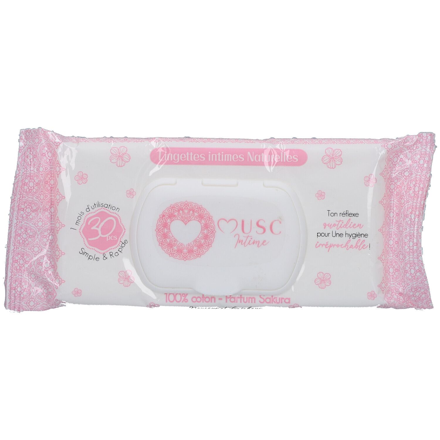 Roze verpakking met "Musc Intime" logo en "Lingettes Intimes". 30 doekjes, 100% katoen, Sakura geur.